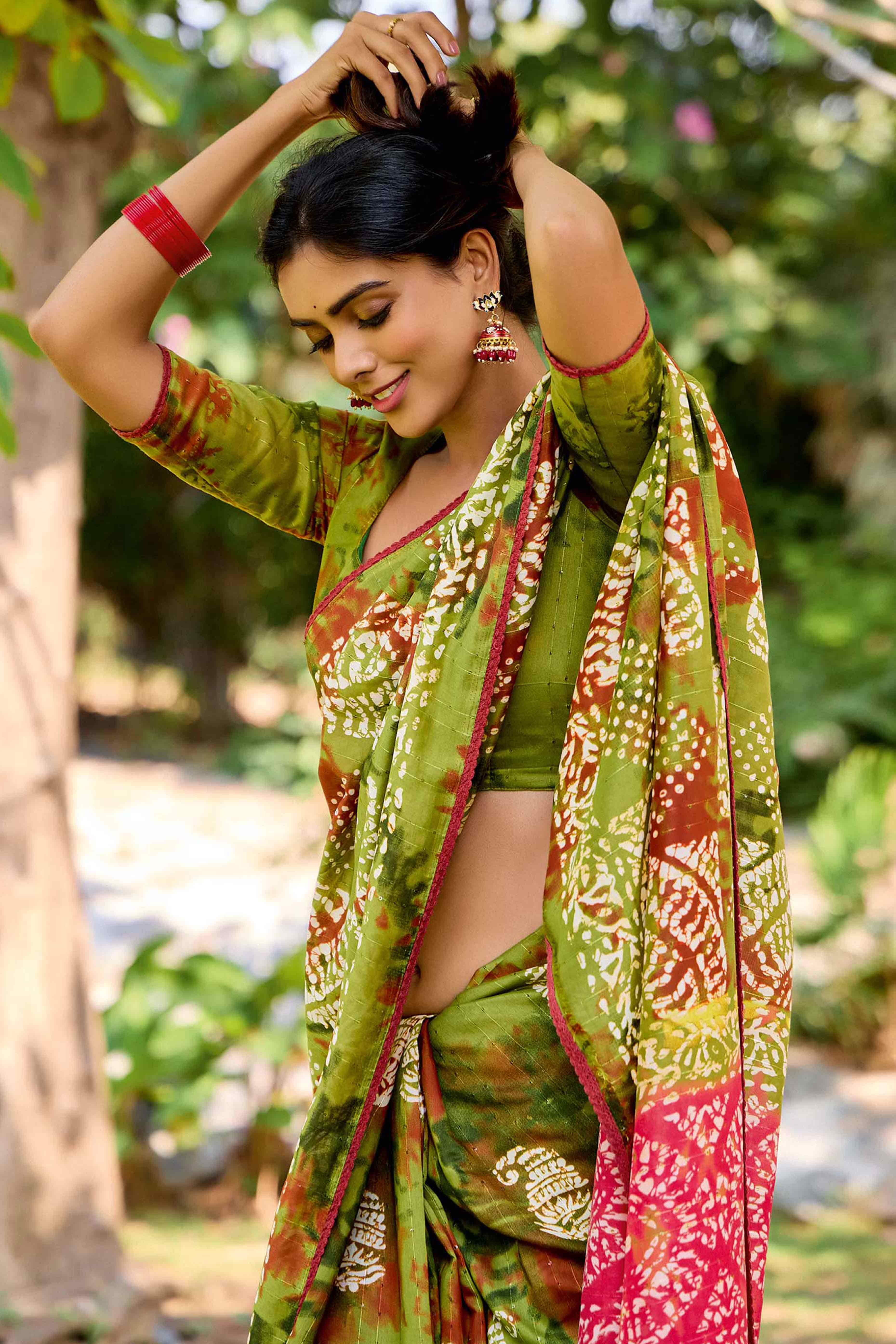 Green Batik Printed Cotton Silk Saree