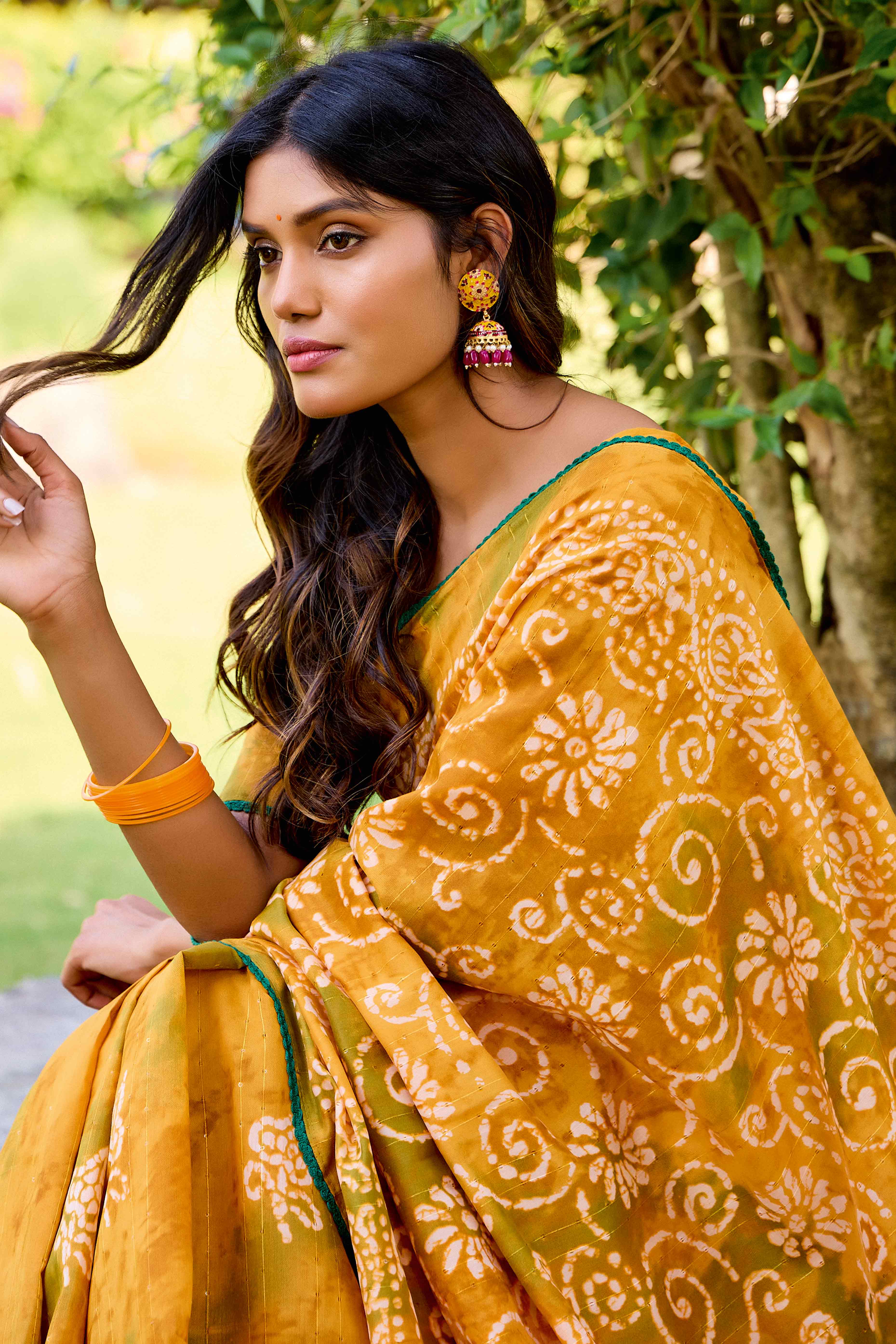 Mustard Batik Printed Cotton Silk Saree