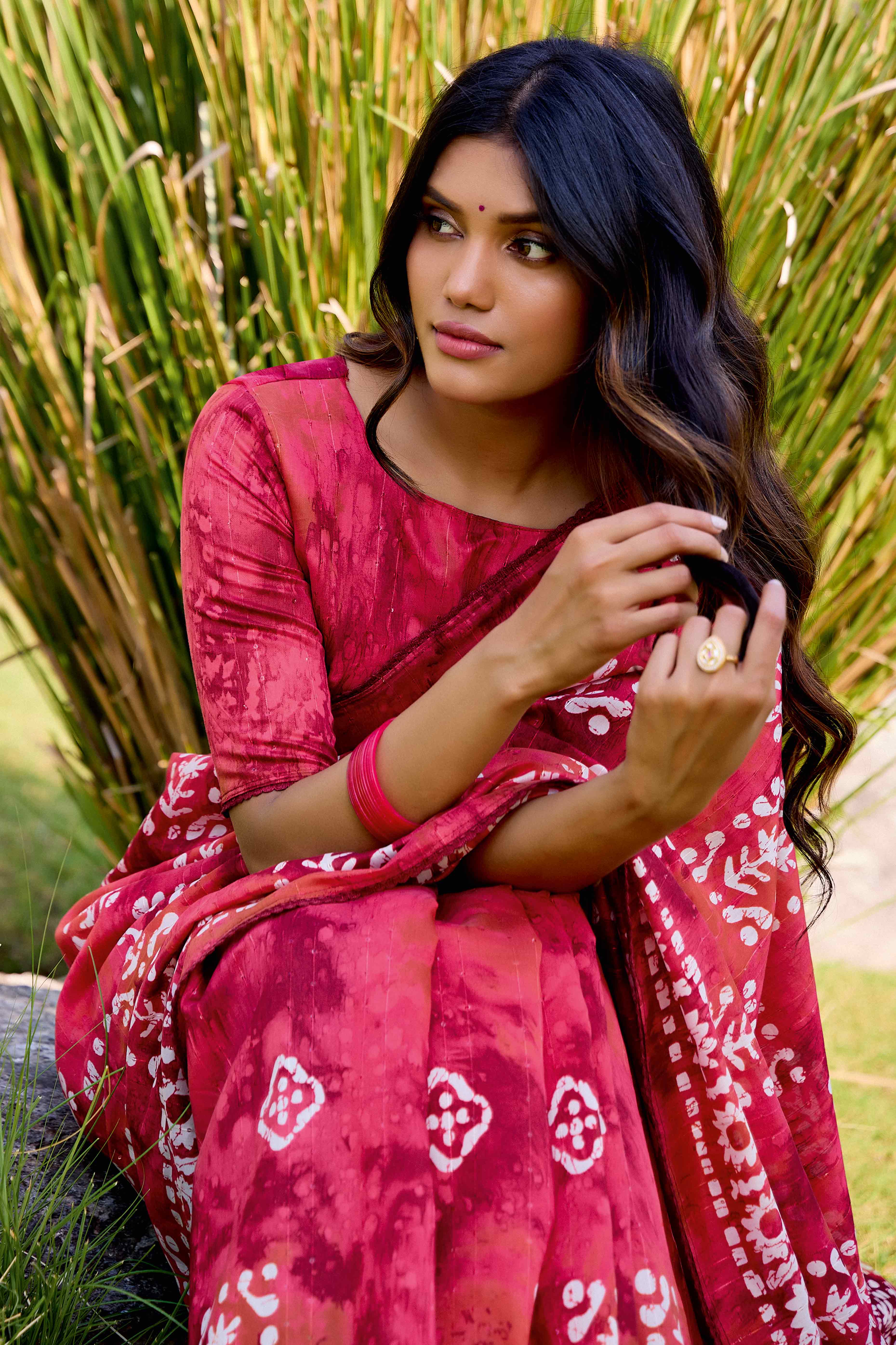 Red Batik Printed Cotton Silk Saree