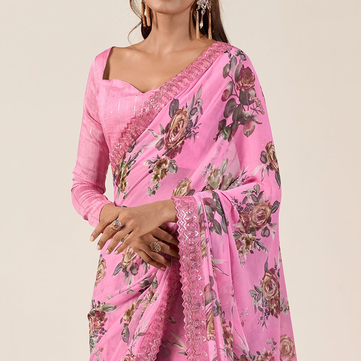 Pink Floral Printed Chiffon Saree With Designer Border