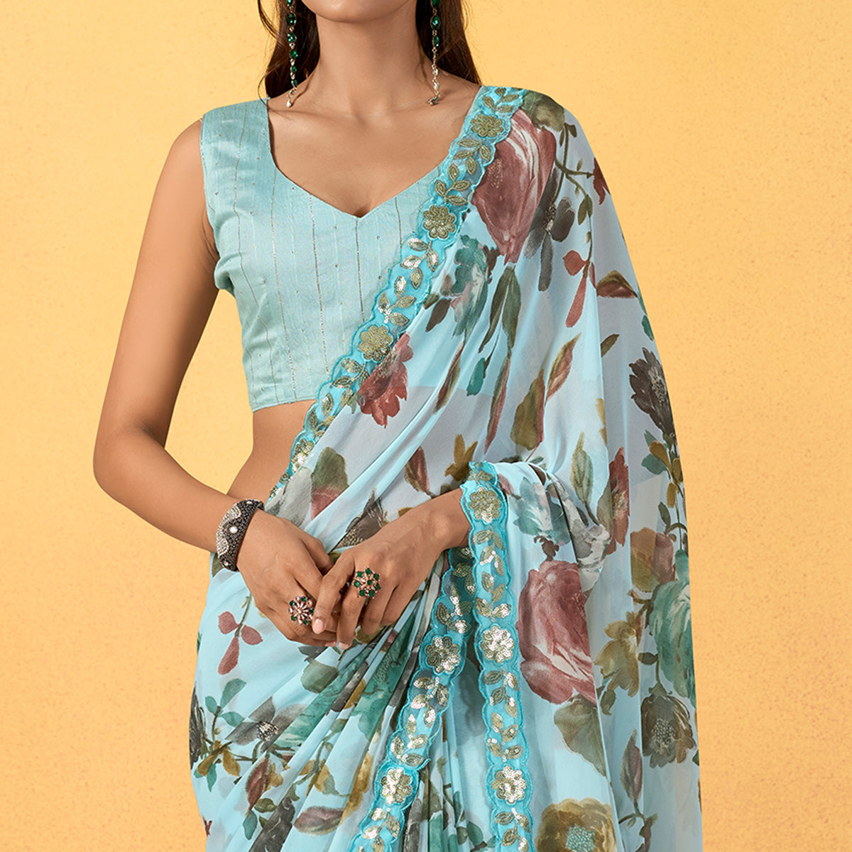 Sky Blue Floral Printed Chiffon Saree With Designer Border