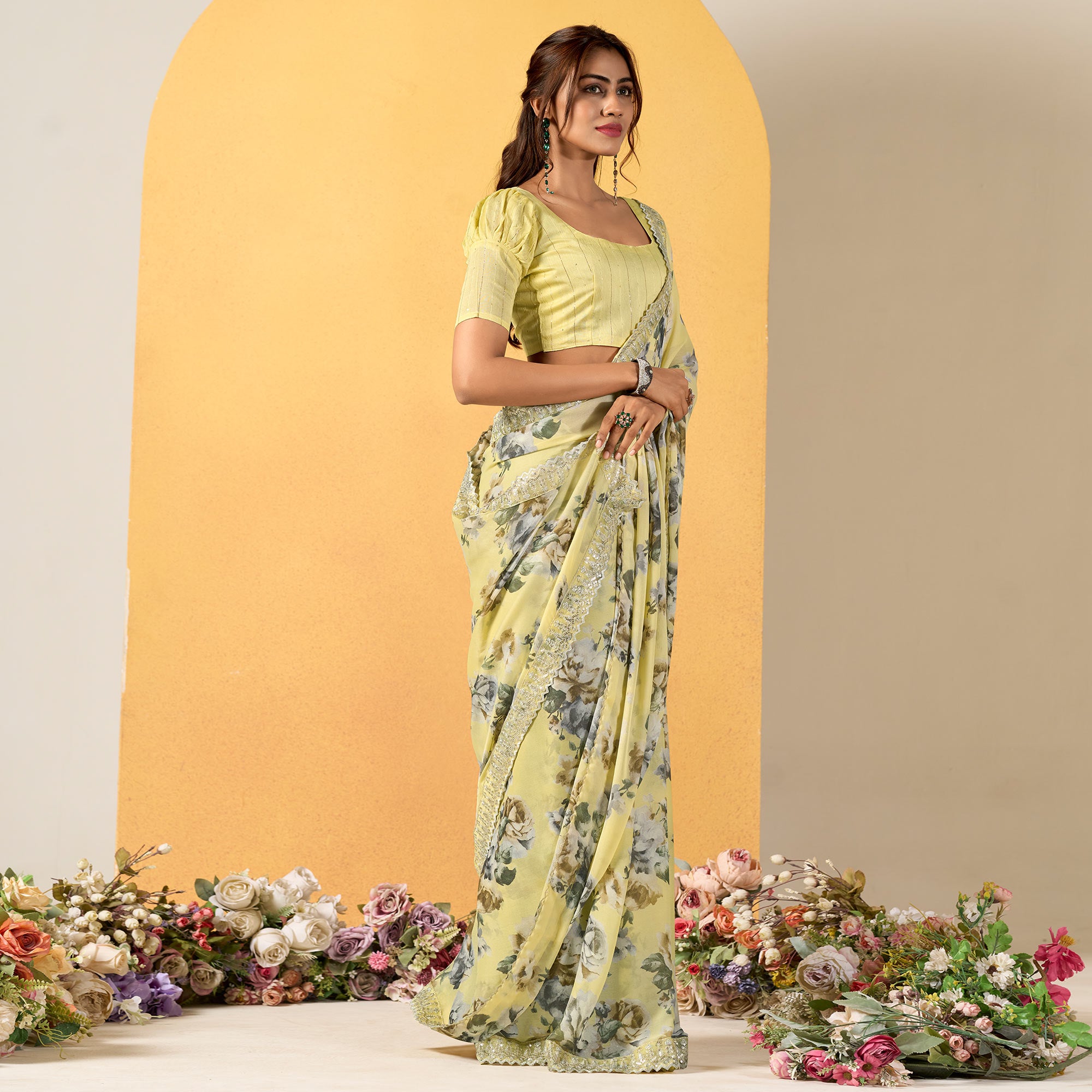 Yellow Floral Printed Chiffon Saree With Designer Border