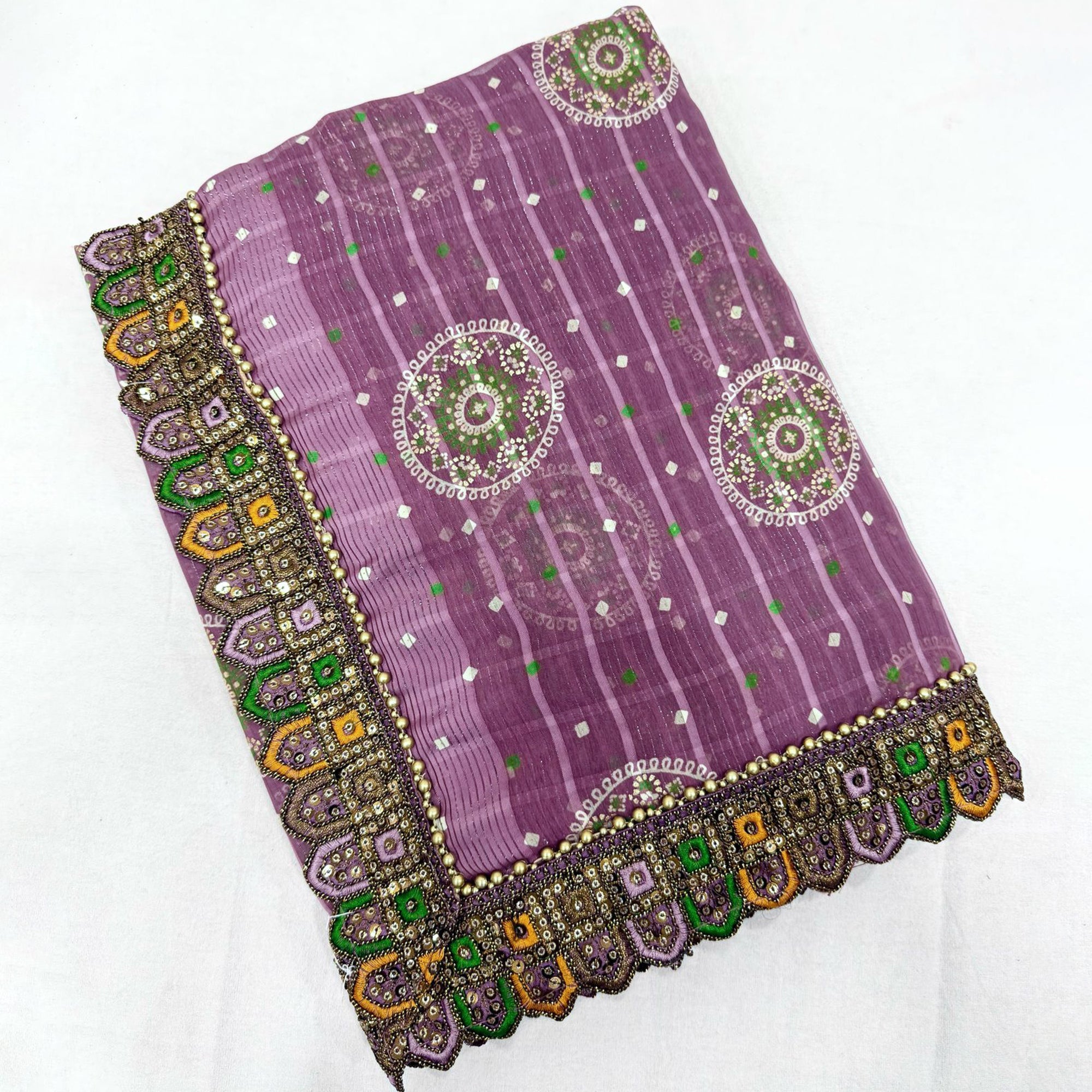 Purple Bandhani Printed Georgette Saree for Festive Wear with Lace Border