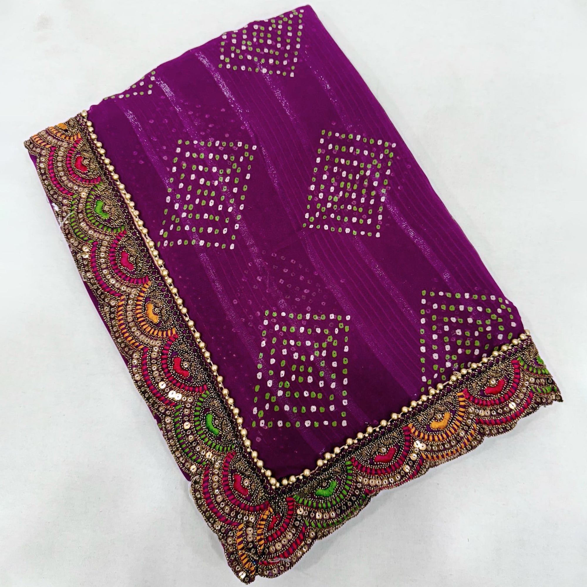 Purple Bandhani Printed Georgette Saree for Festive Wear with Lace Detailing