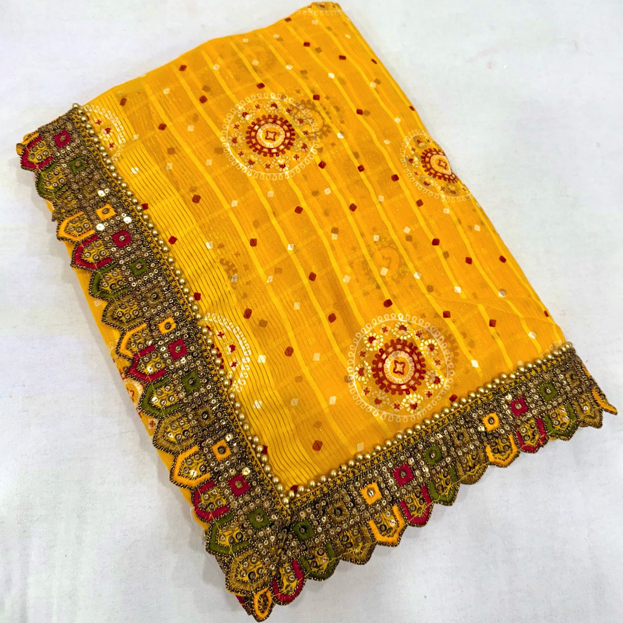 Yellow Bandhani Printed Georgette Saree for Festive Wear with Lace Detailing