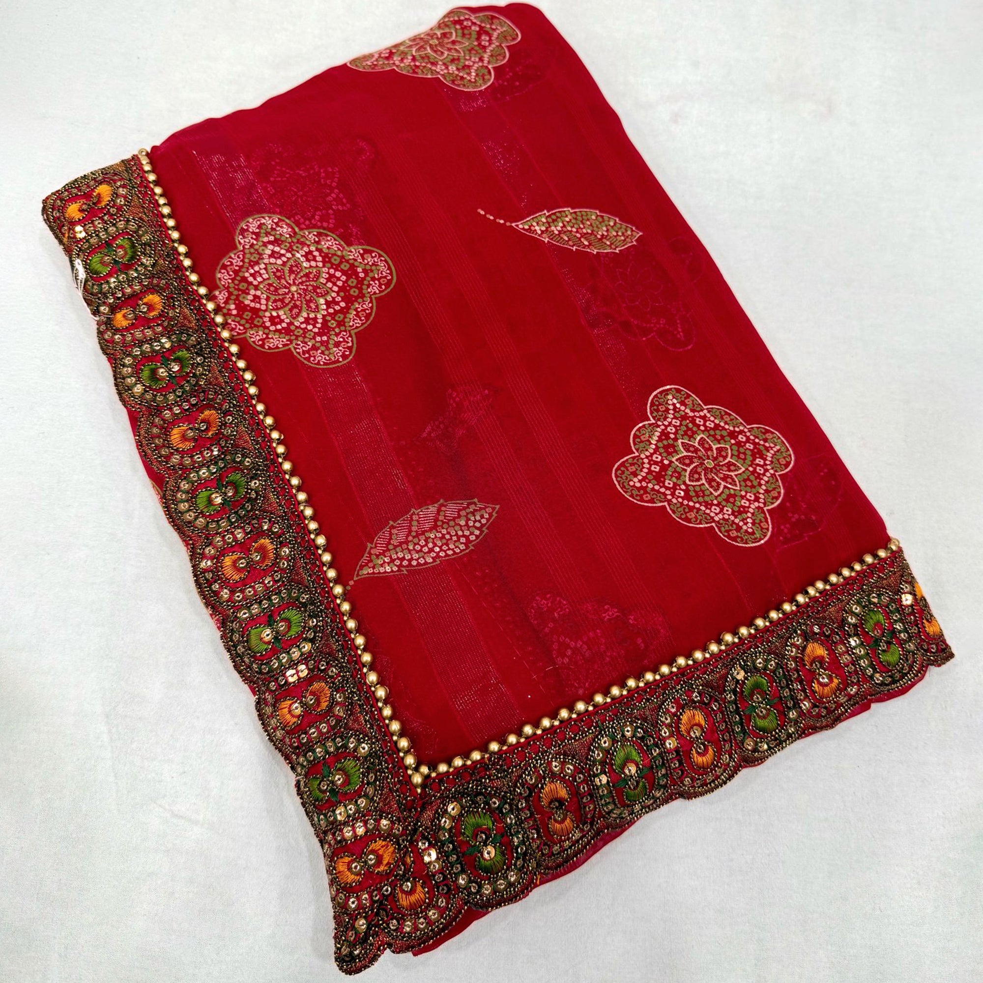Red Bandhani Printed Georgette Saree for Festive Wear with Lace Detailing