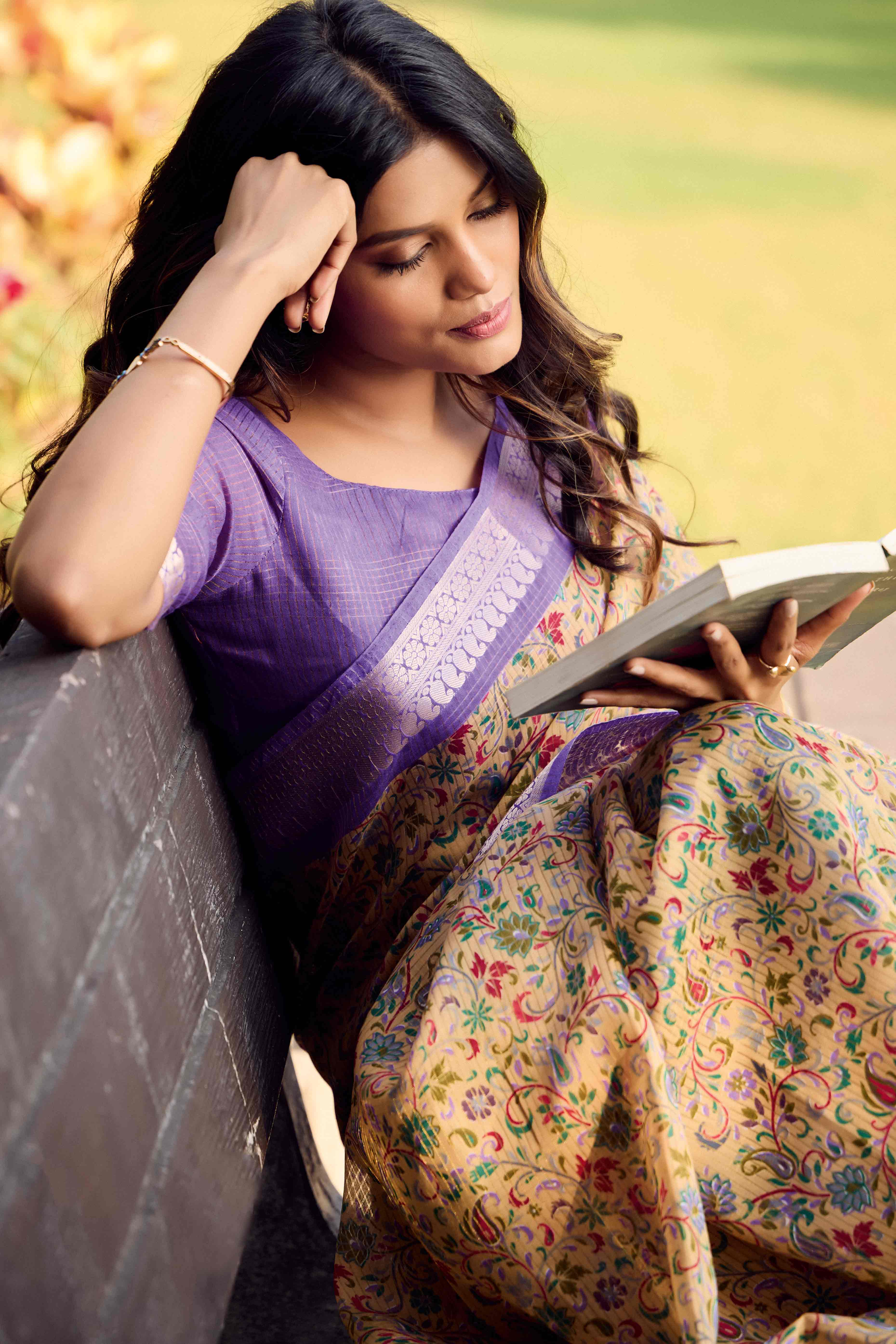 Beige Printed Mulmul Cotton Saree With Jacquard Border