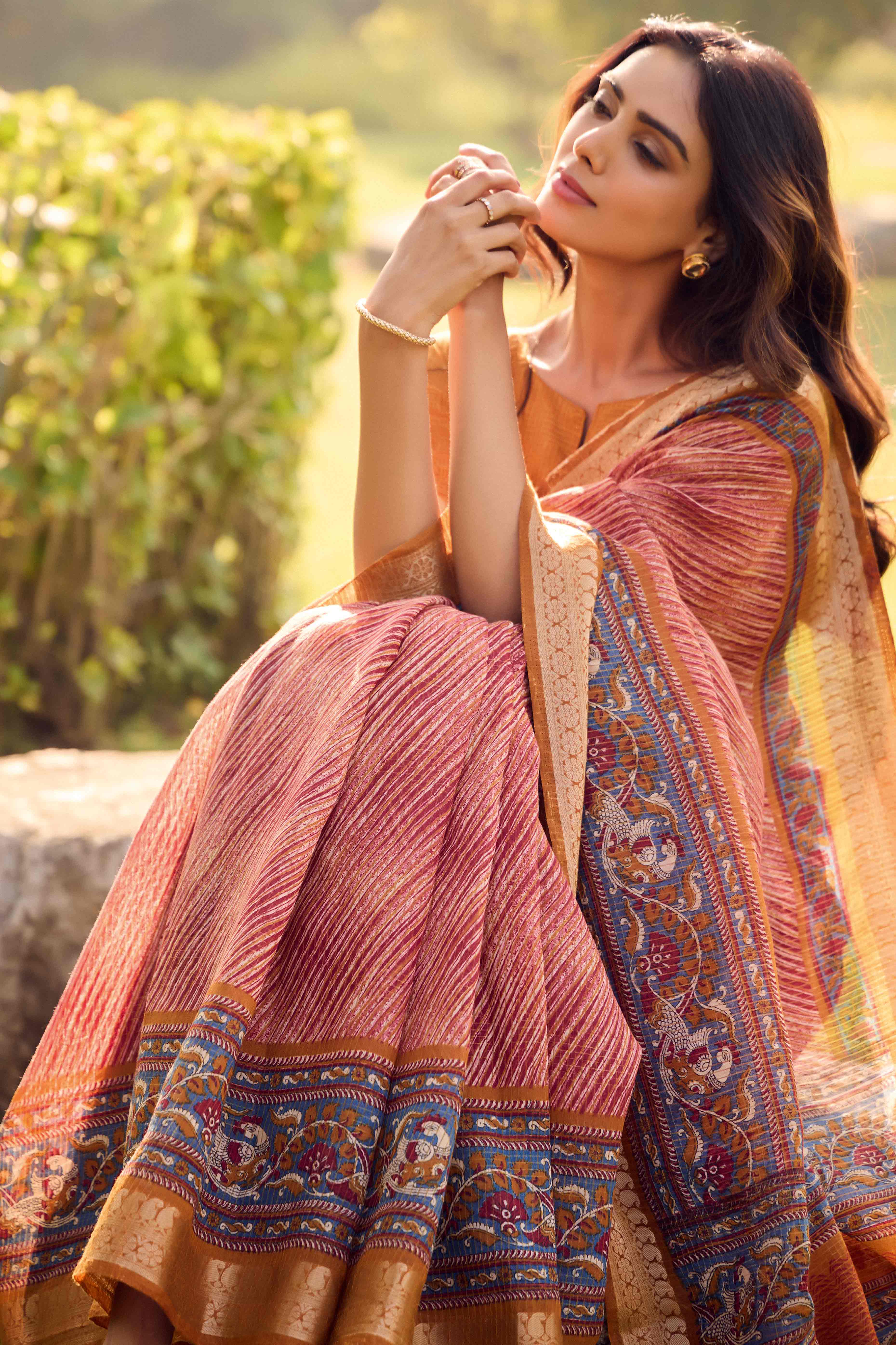 Peach Printed Mulmul Cotton Saree With Jacquard Border