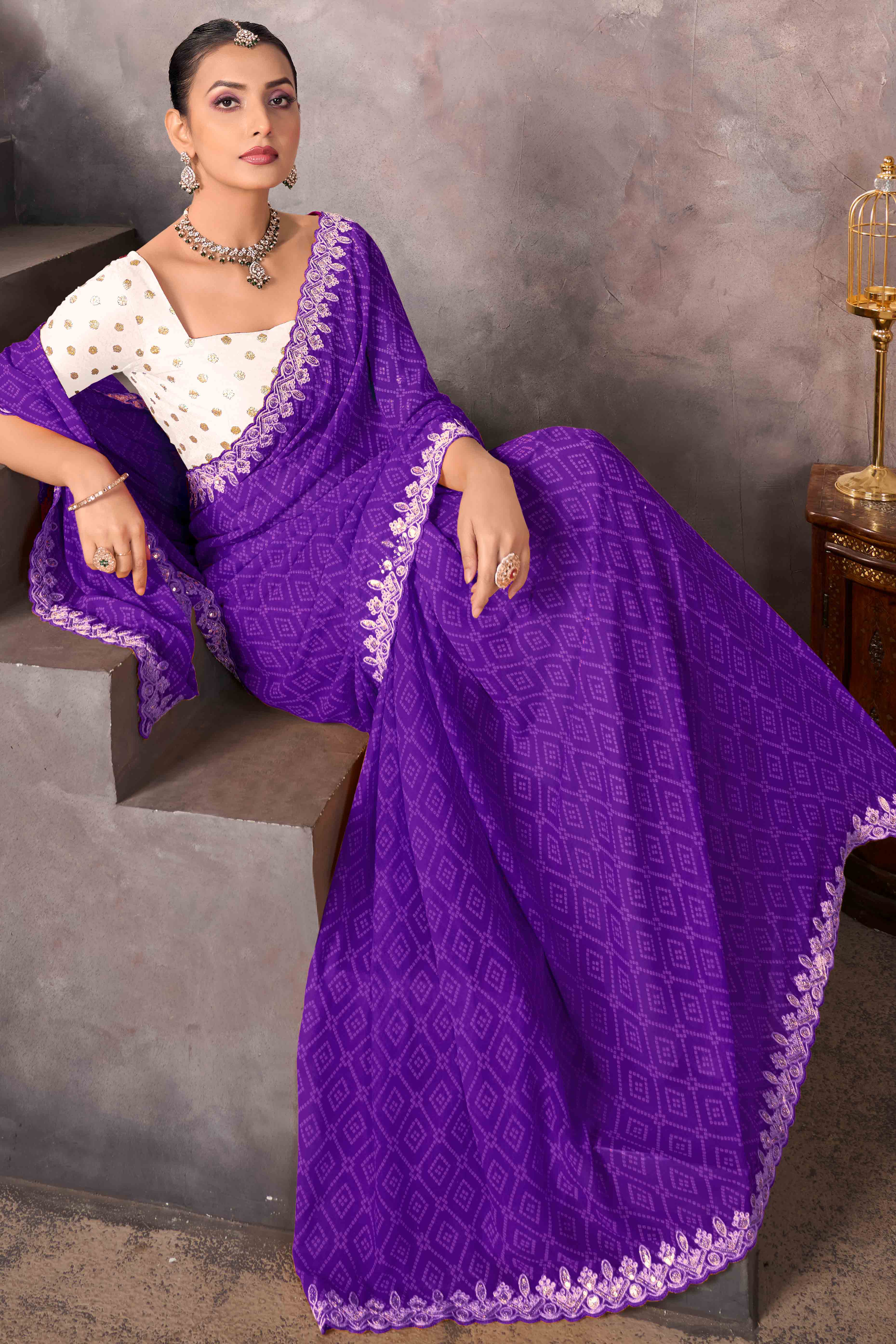Modern Purple Georgette Saree with Timeless Bandhani Prints