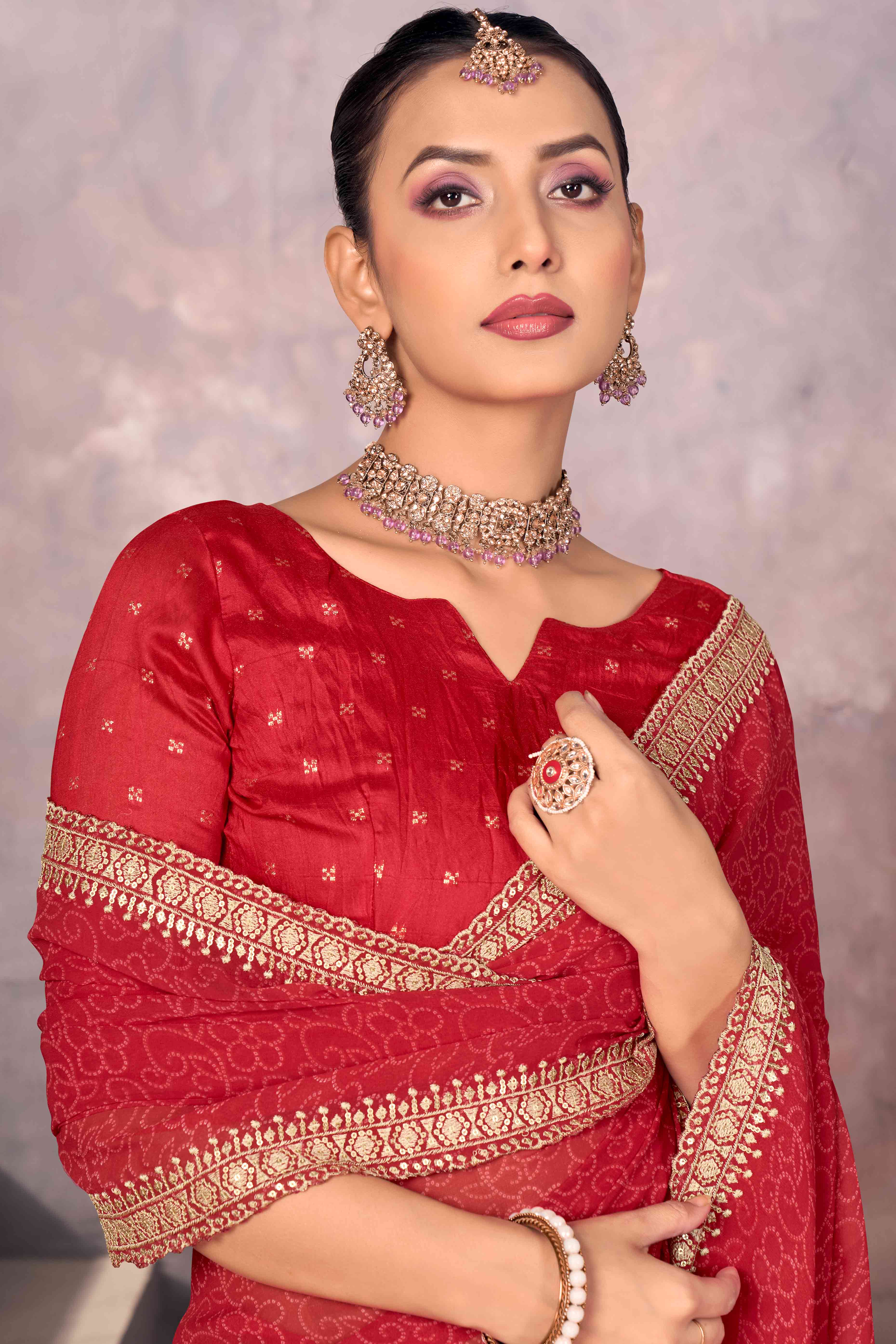 Red Bandhani Printed Georgette Saree