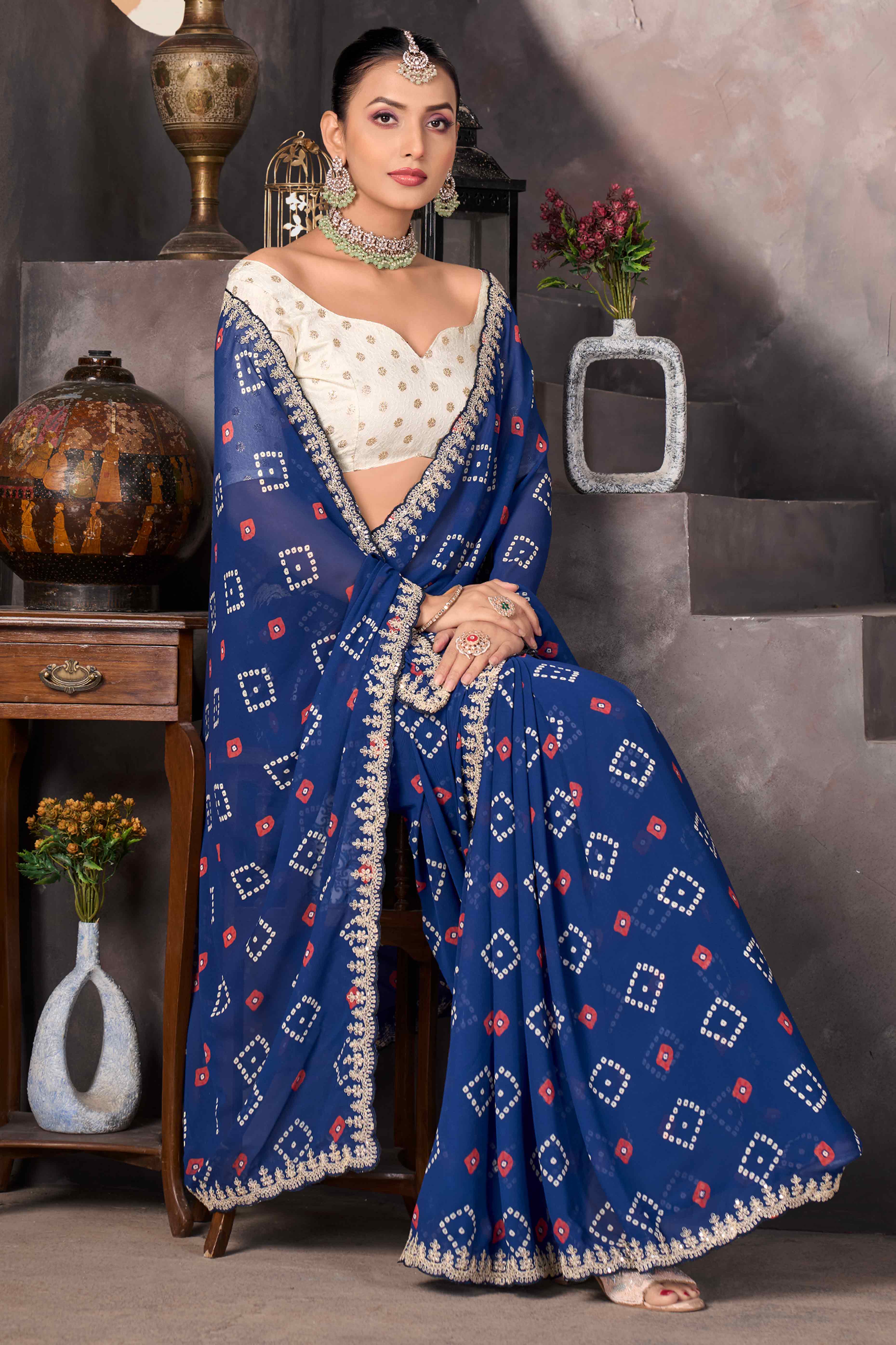 Blue Bandhani Printed Georgette Saree