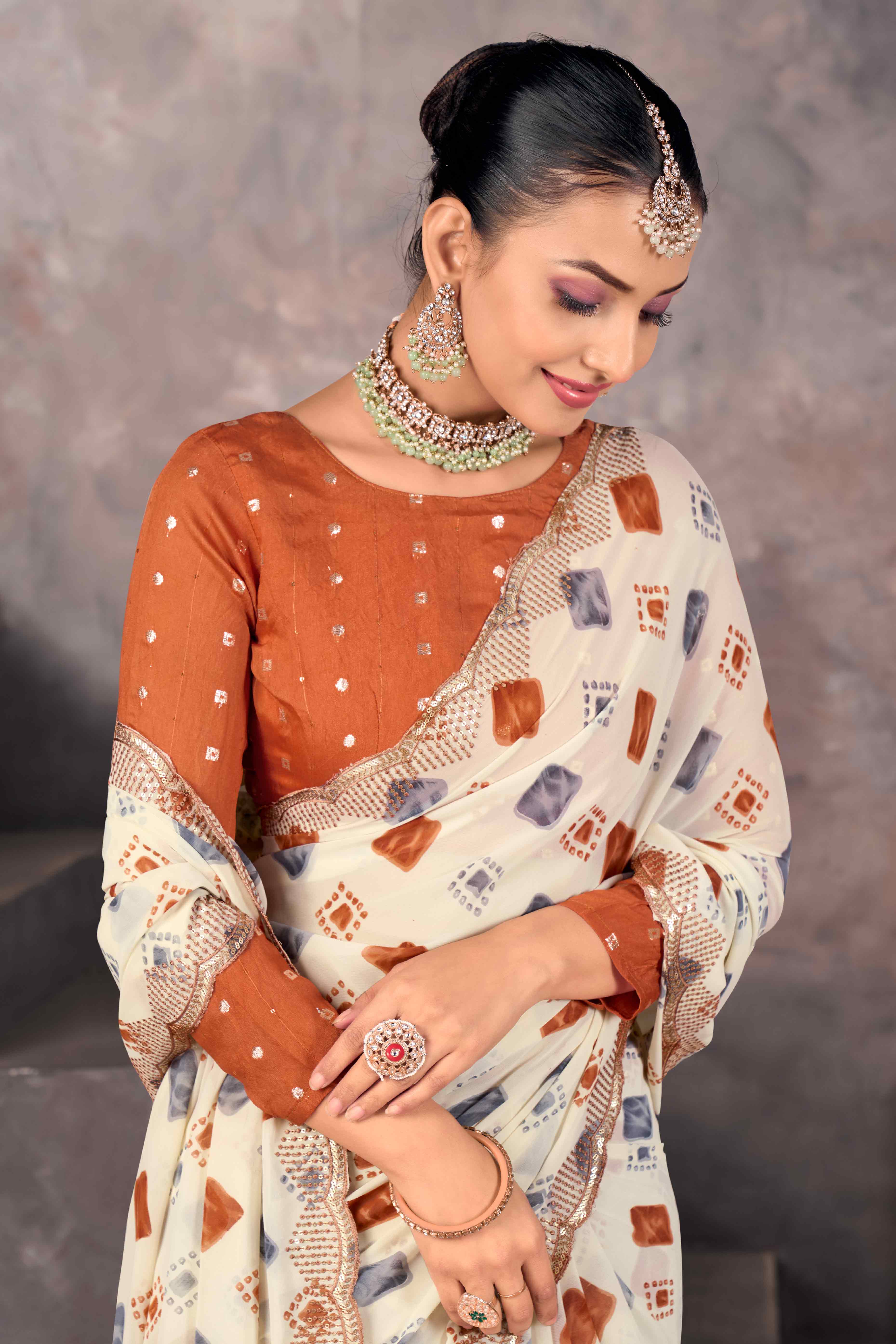 Off White Bandhani Printed Georgette Saree