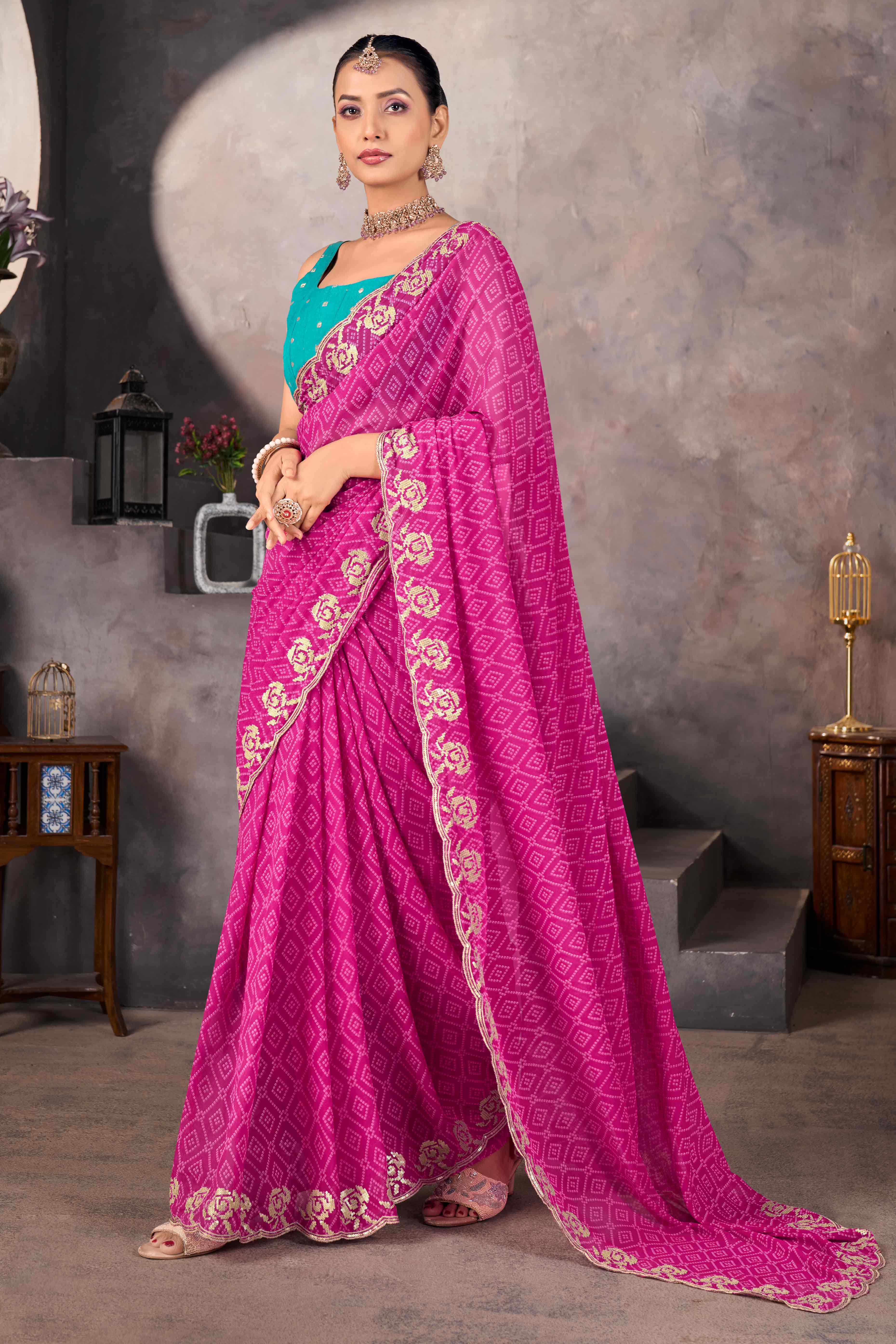 Pink Bandhani Printed Georgette Saree