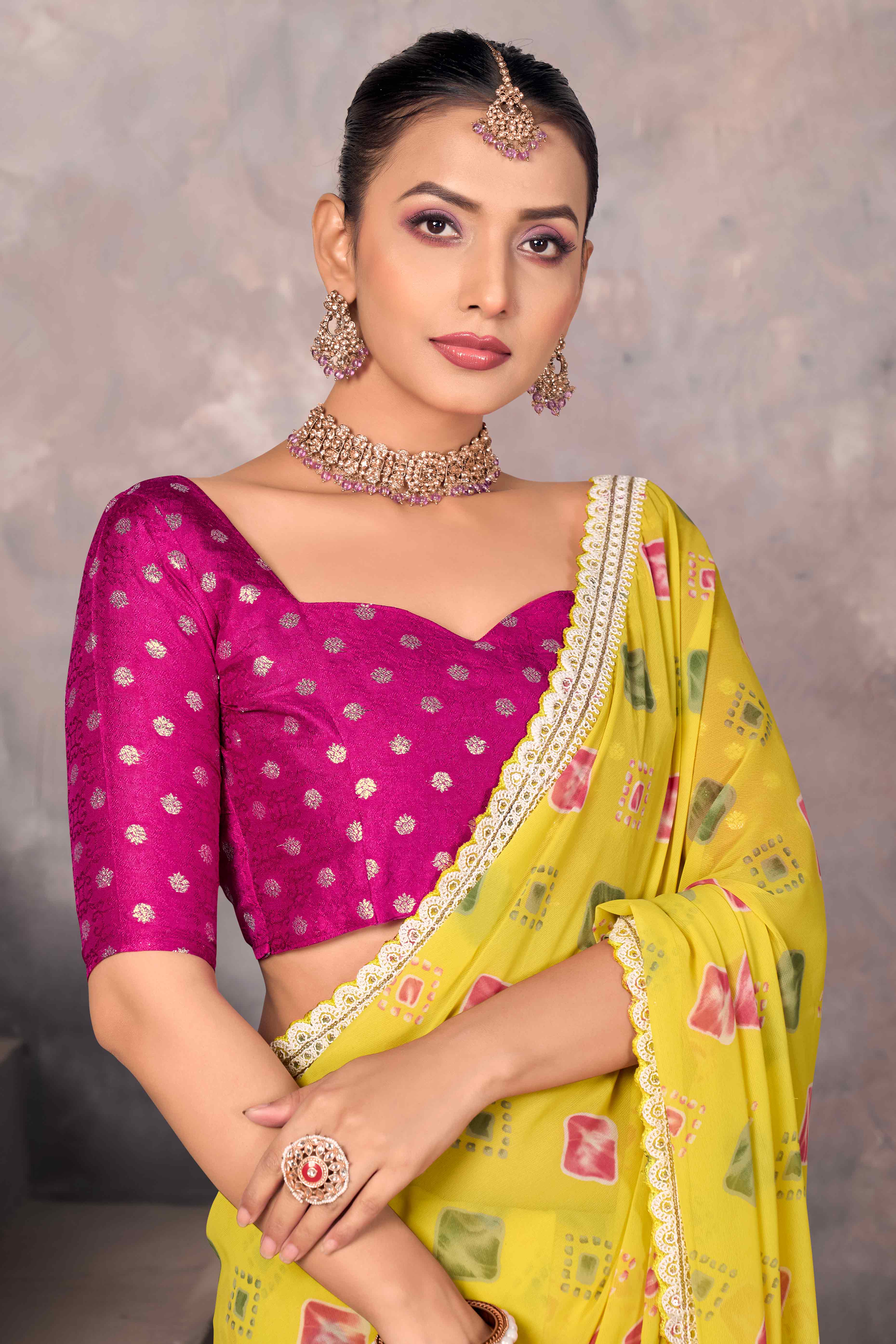 Yellow Bandhani Printed Georgette Saree