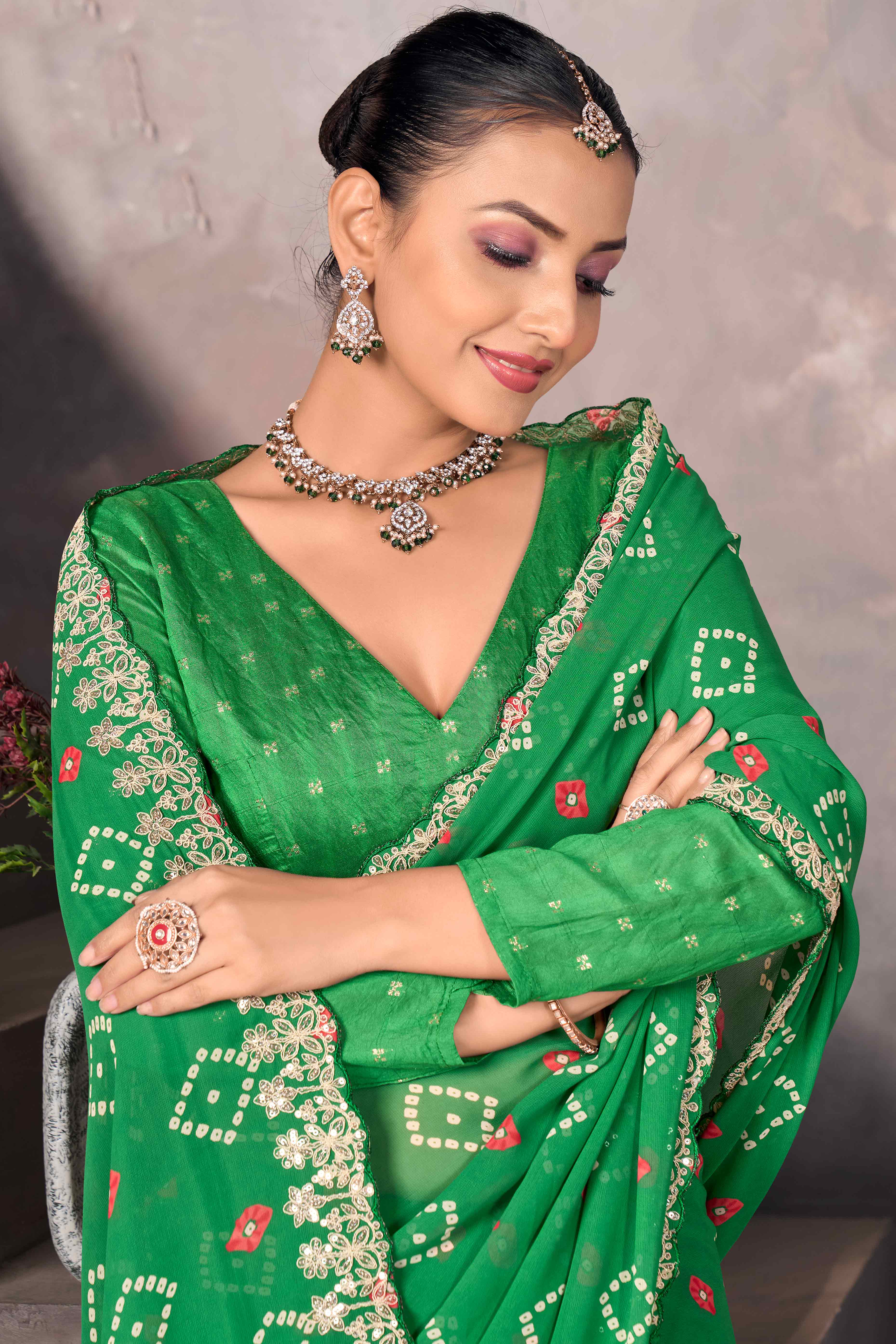 Green Bandhani Printed Georgette Saree