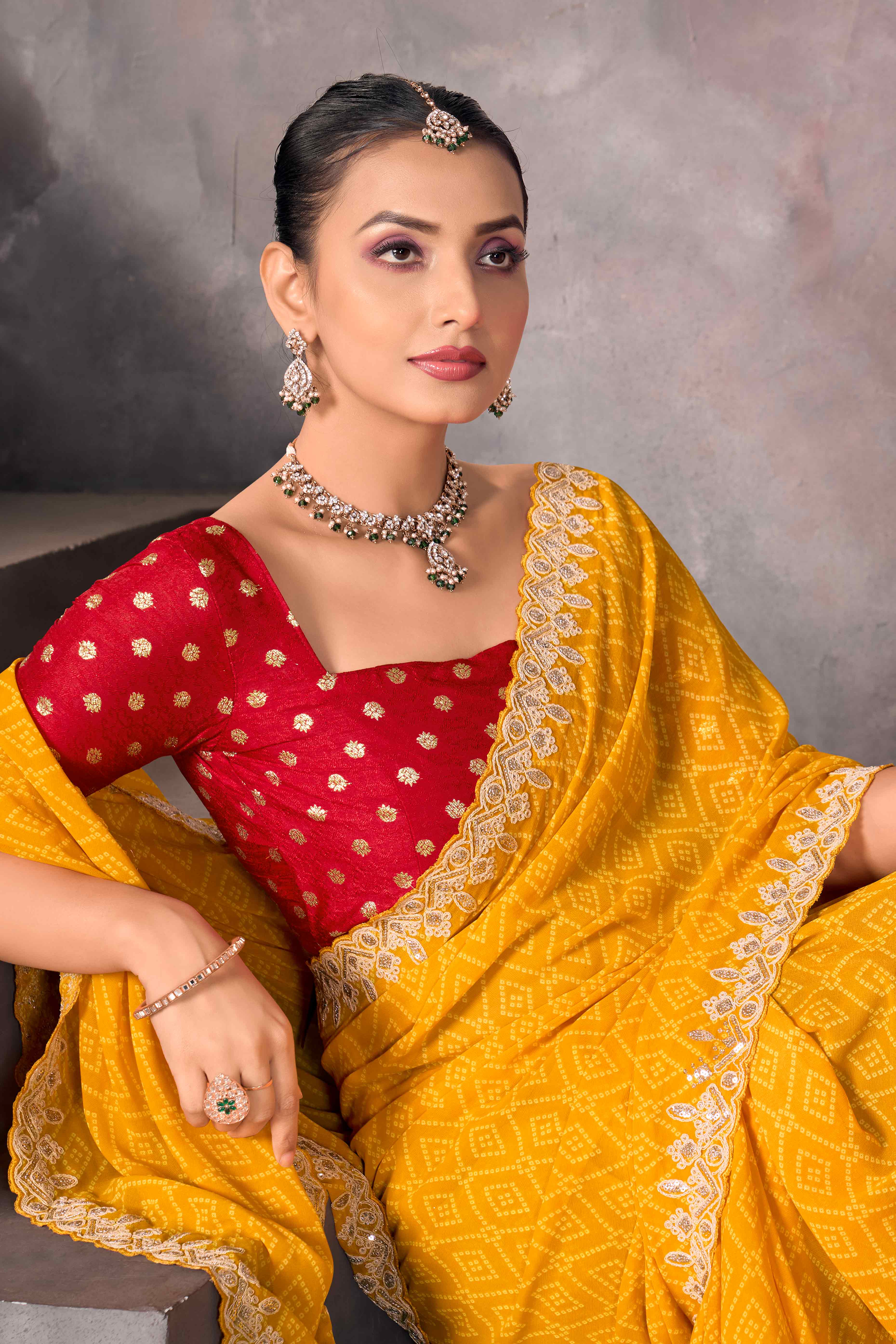 Mustard Bandhani Printed Georgette Saree