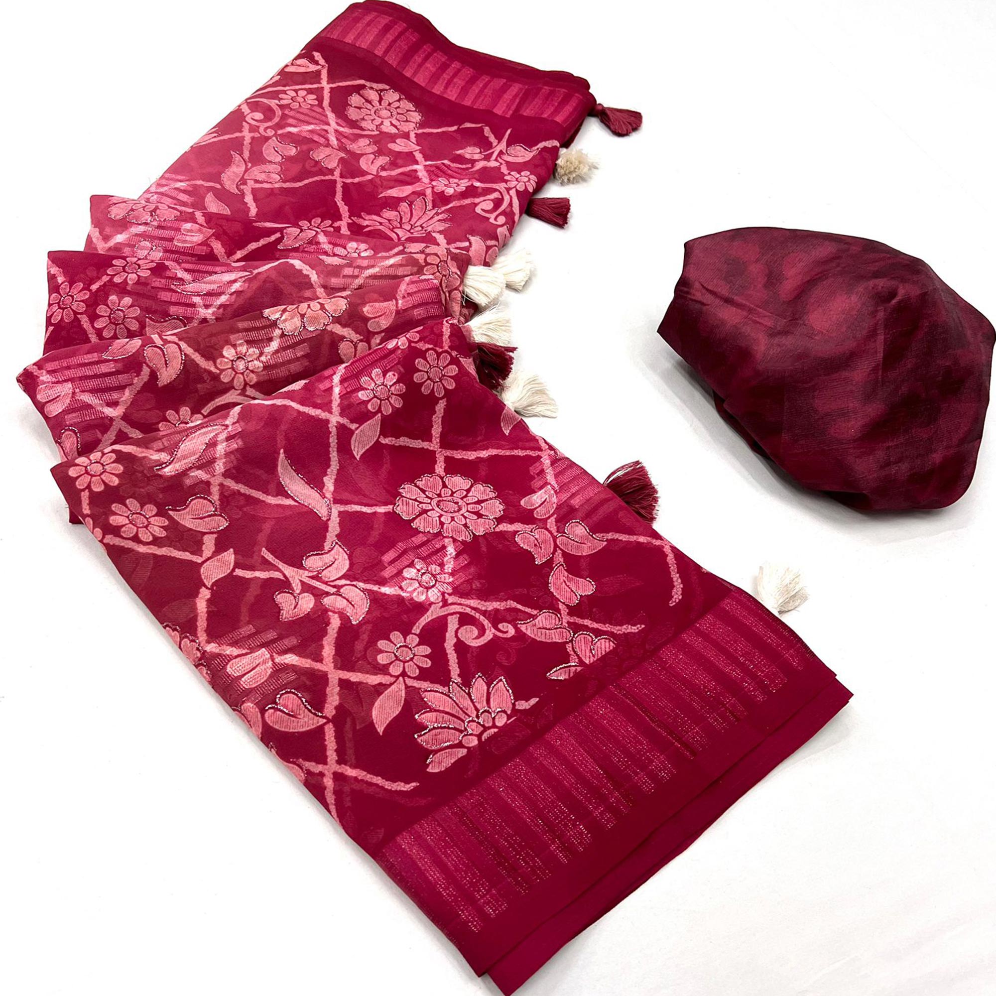 Pink Floral Foil Printed Georgette Saree With Tassels
