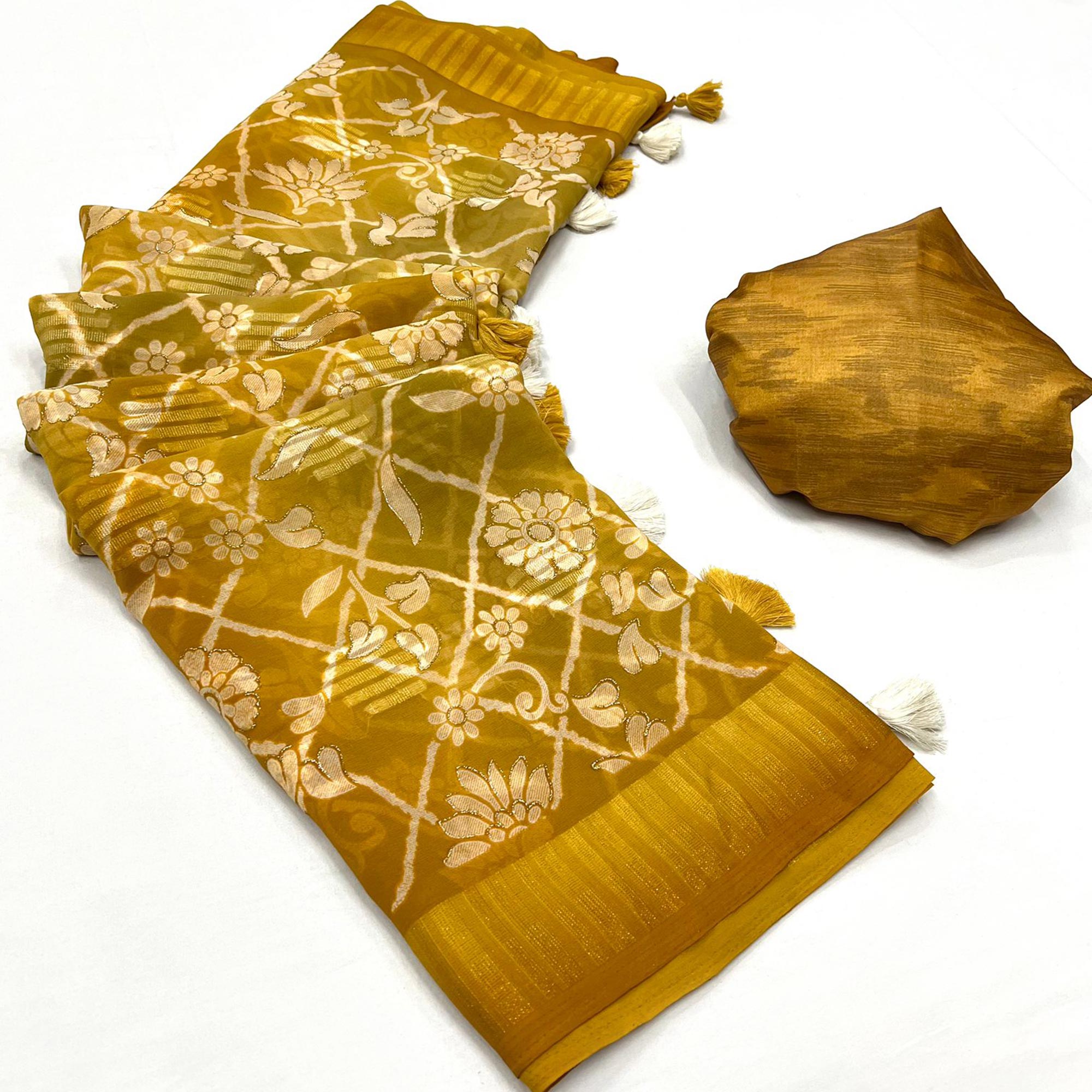 Mustard Floral Foil Printed Georgette Saree With Tassels