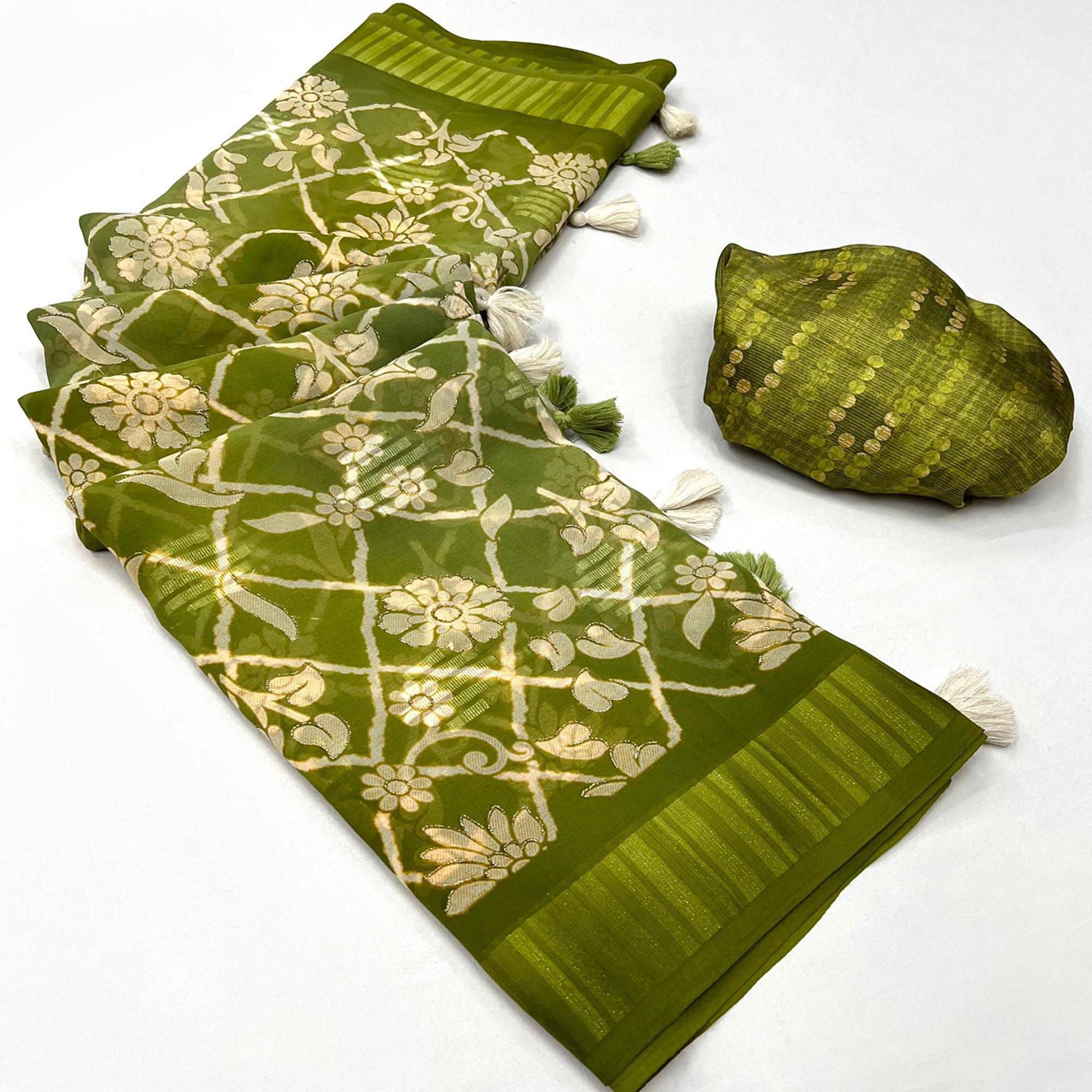 Green Floral Foil Printed Georgette Saree With Tassels