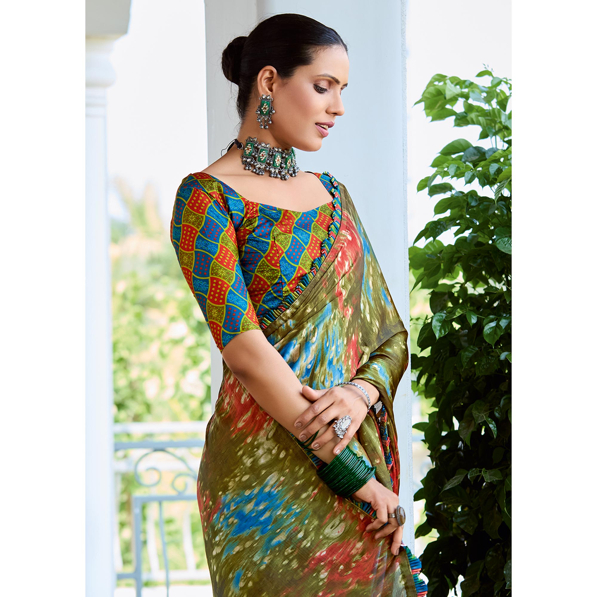 Green Printed Satin Saree With Frill Border