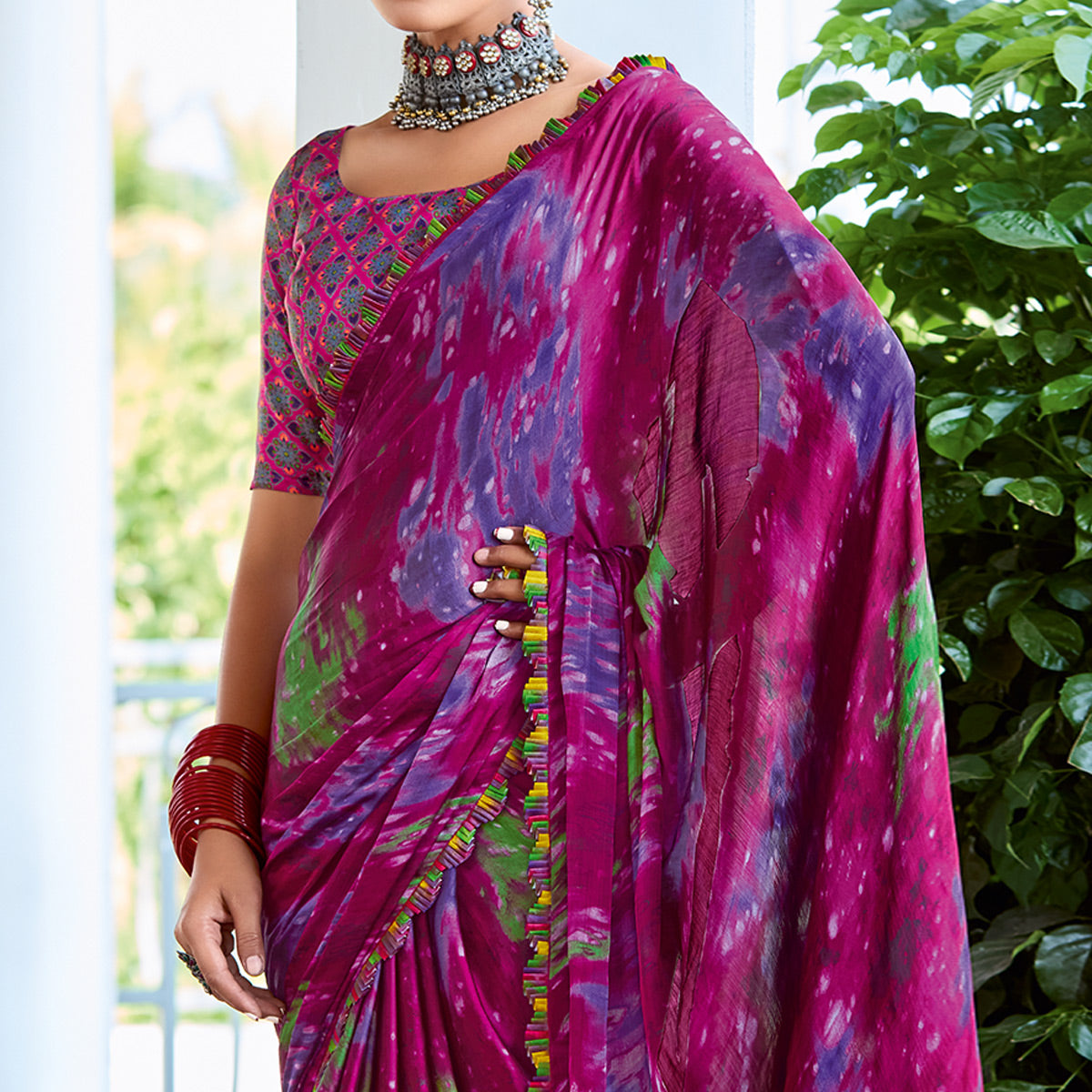 Pink Printed Satin Saree With Frill Border