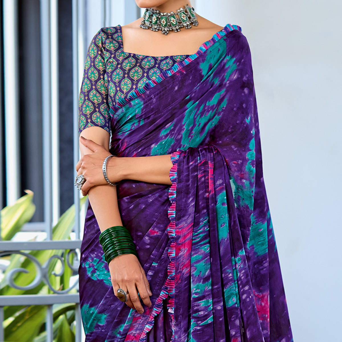 Purple Printed Satin Saree With Frill Border