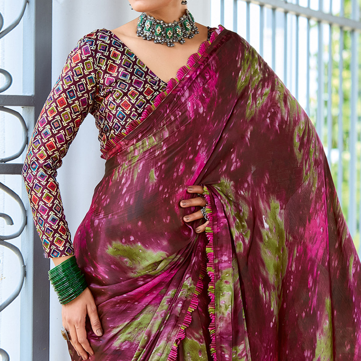 Wine Printed Satin Saree With Frill Border