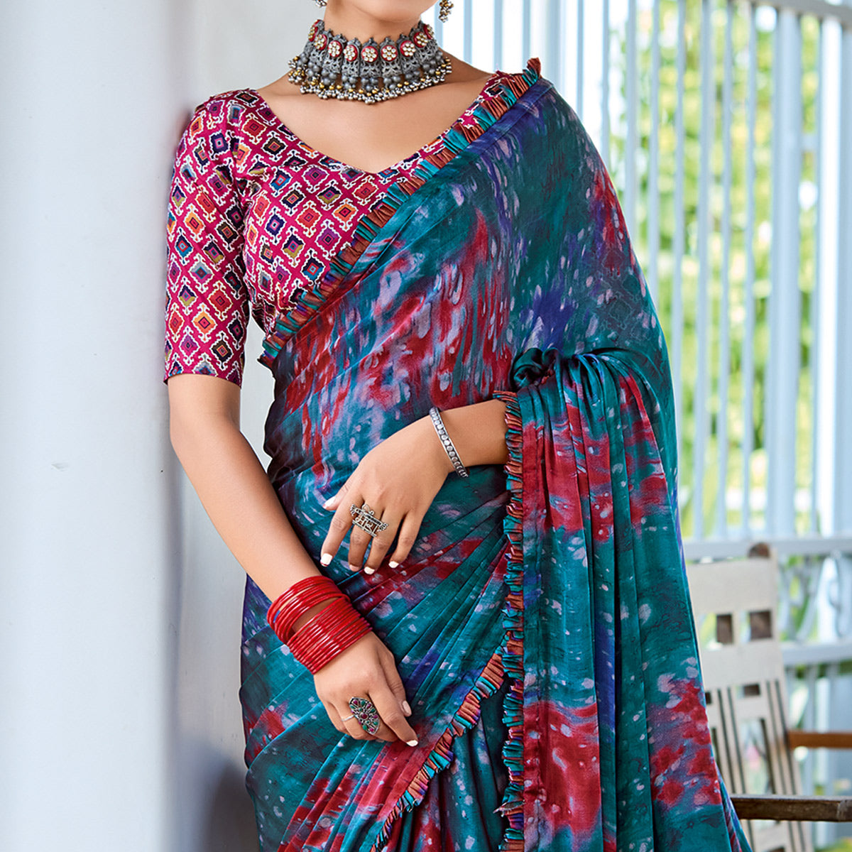 Teal Printed Satin Saree With Frill Border