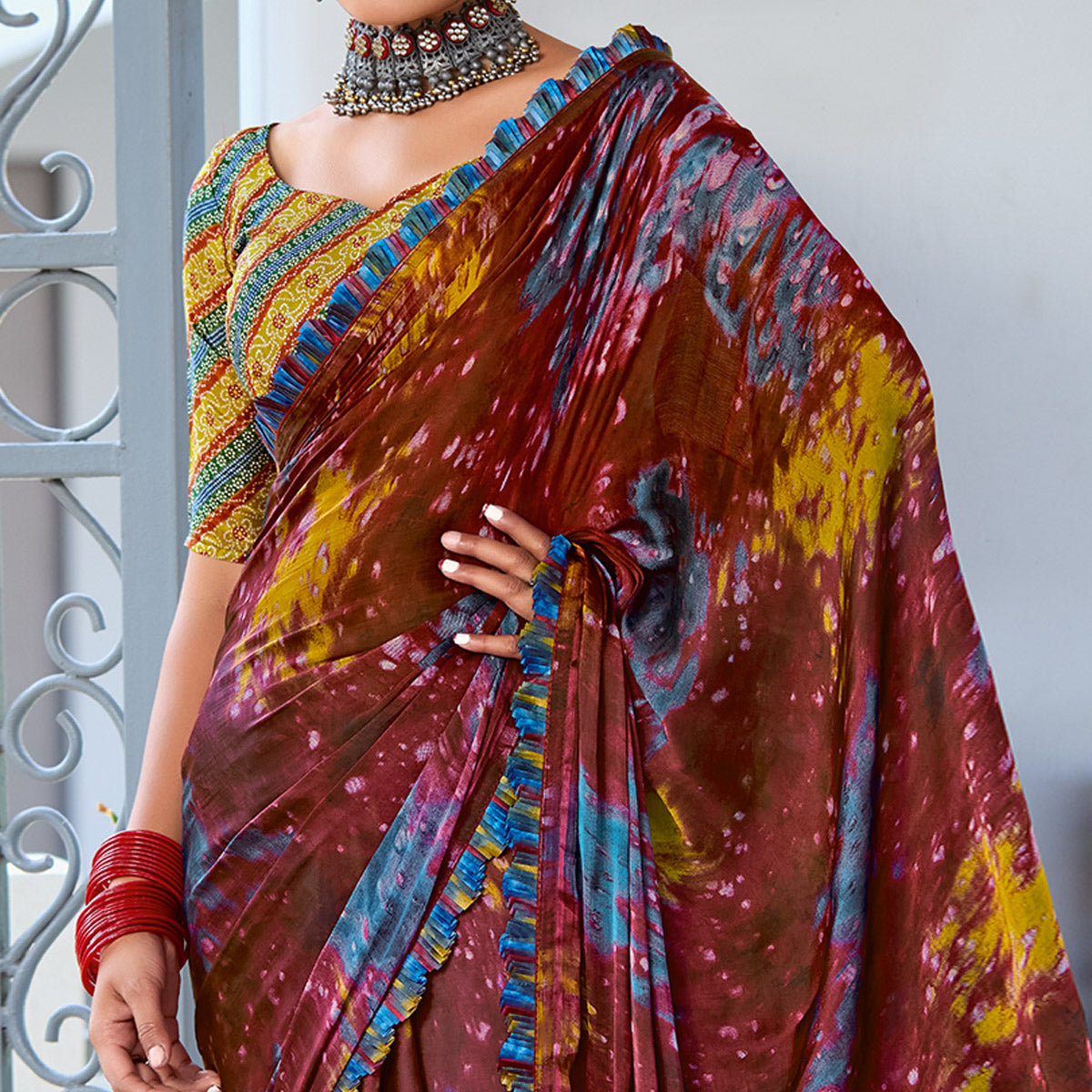 Dark Brown Printed Satin Saree With Frill Border