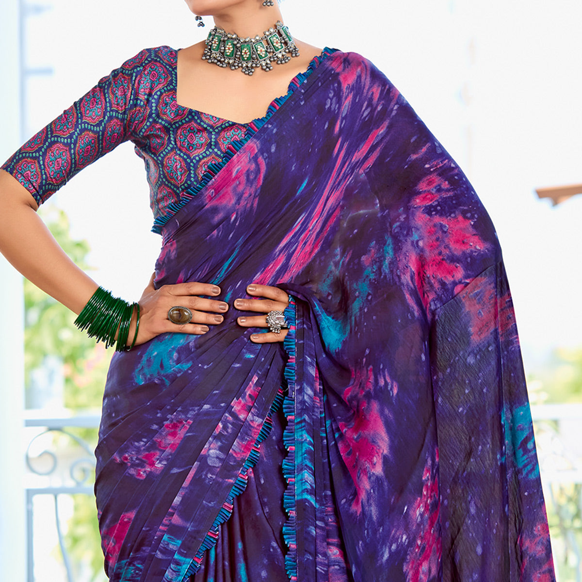 Purple Printed Satin Saree With Frill Border