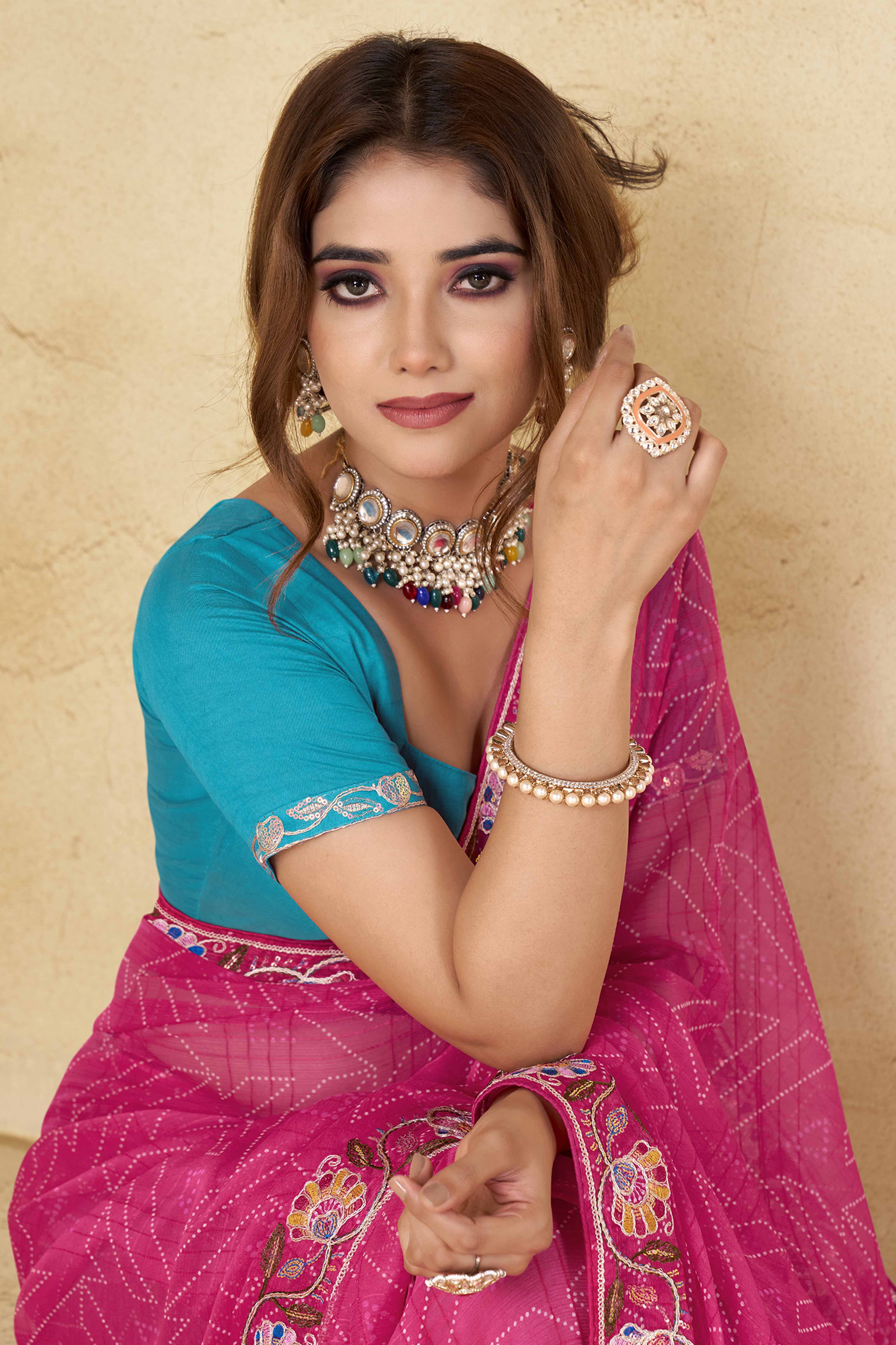 Rani Pink Geometric Printed Chiffon Saree Accented With Floral Sequins Embroidered Border Work