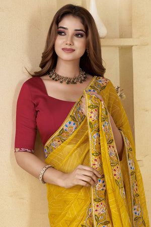 Yellow Geometric Printed Chiffon Saree Accented With Floral Sequins Embroidered Border Work