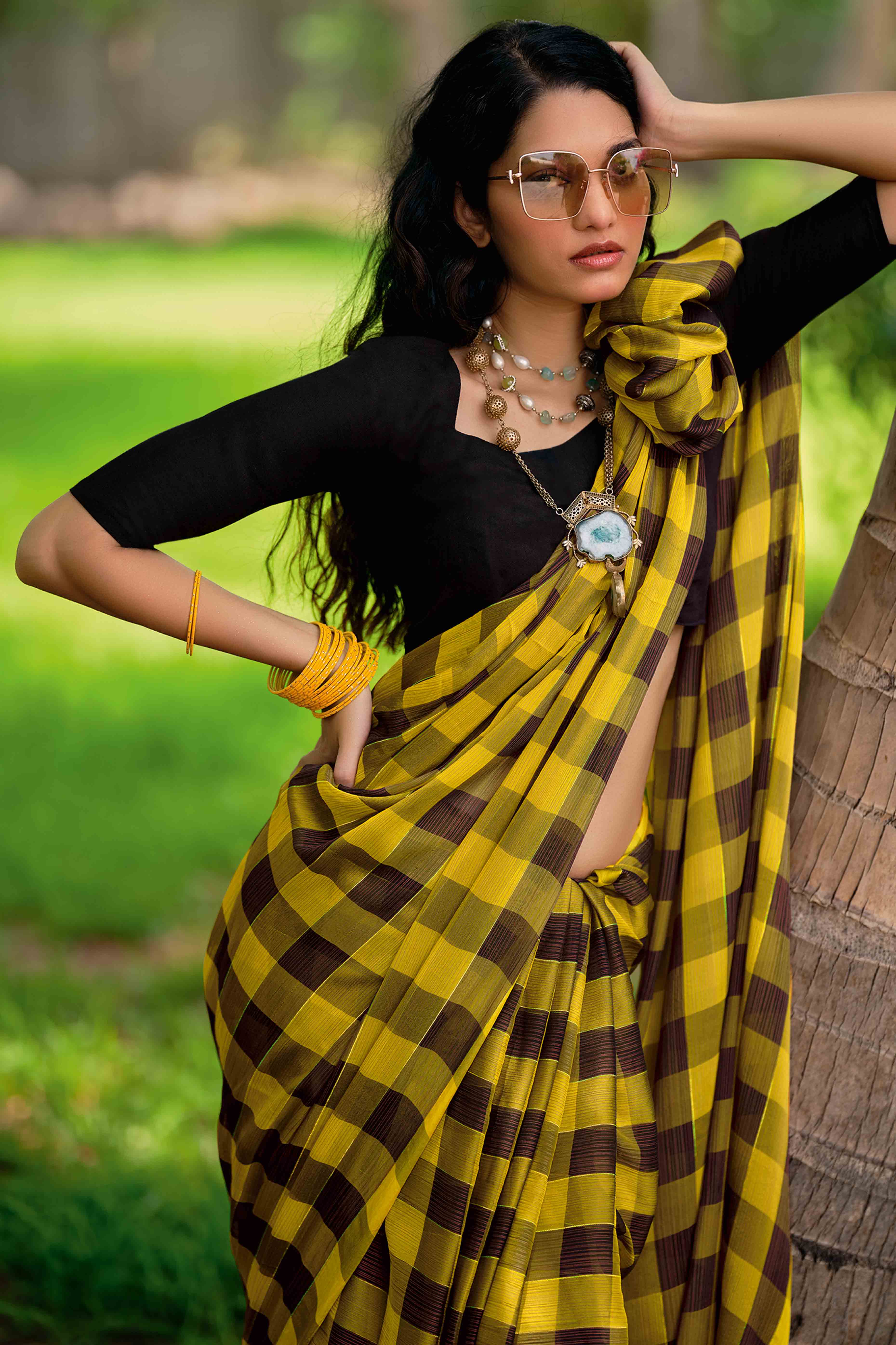 Mustard With Intricate Black Weaving Checks Georgette Saree