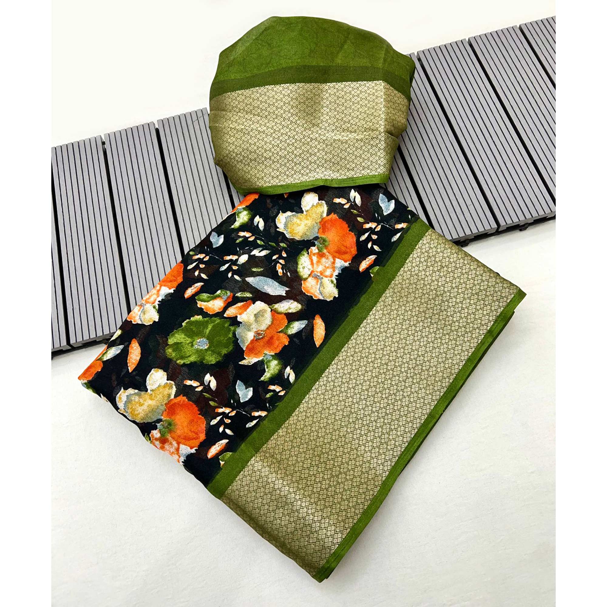 Black & Mehendi Green Floral Printed Moss Georgette Saree With Woven Border