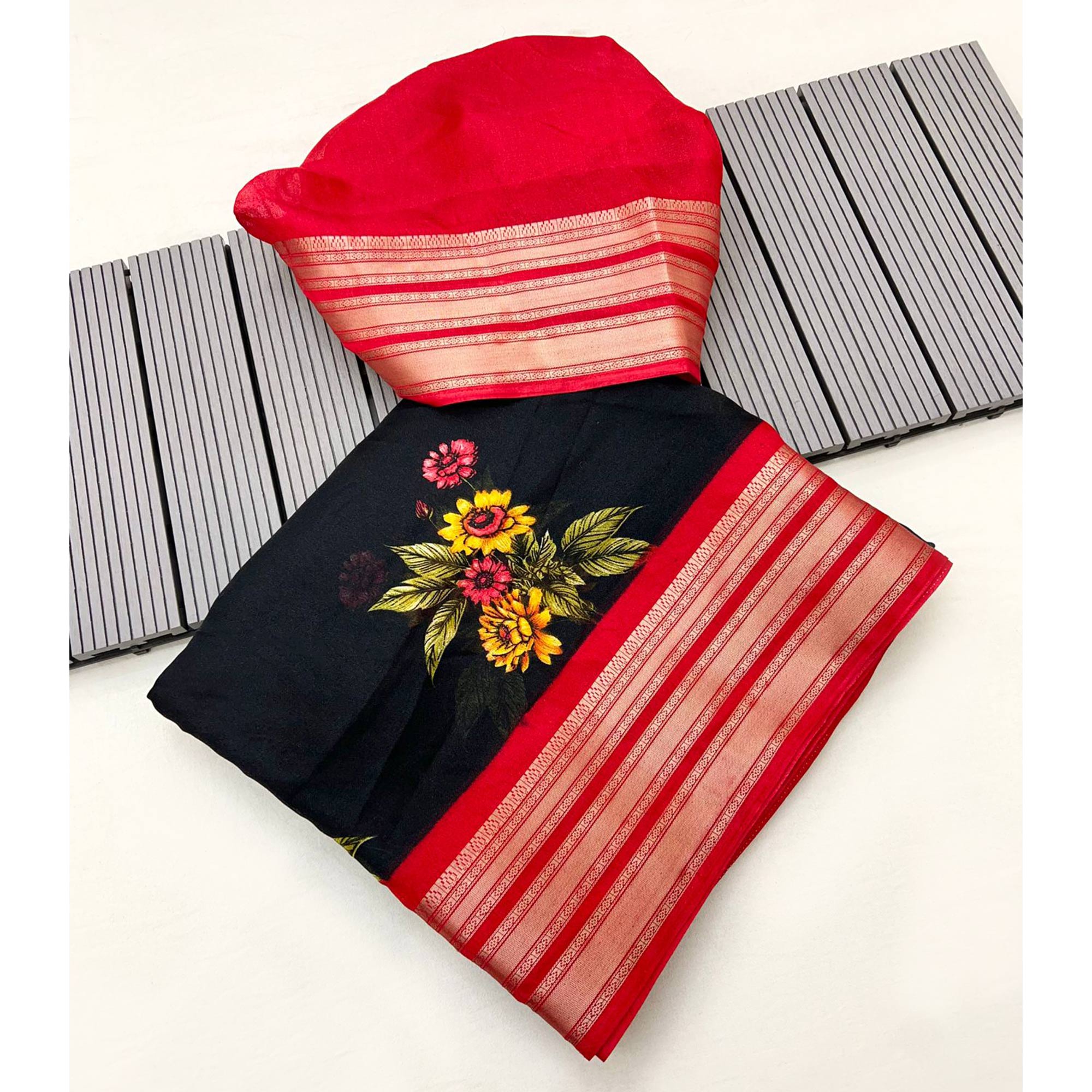Black & Red Floral Printed Moss Georgette Saree With Woven Border