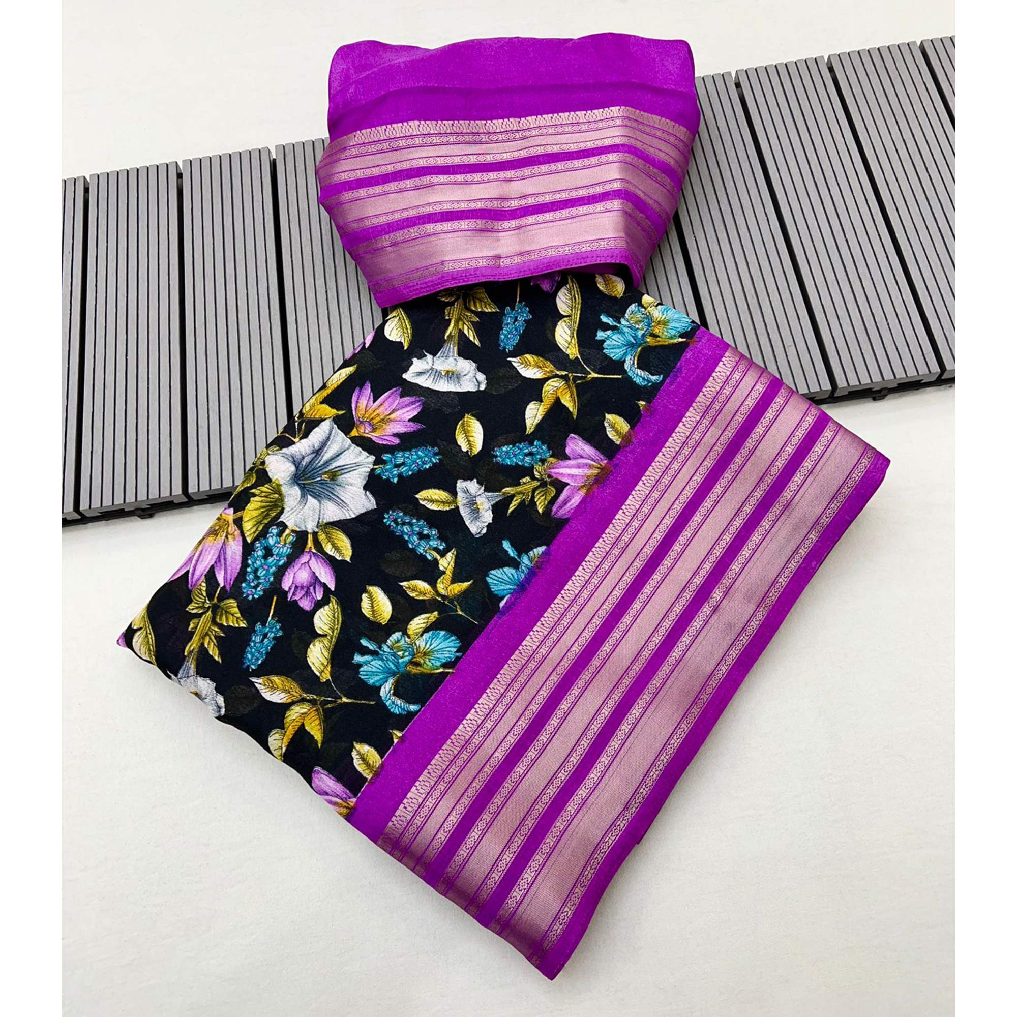 Black & Purple Floral Printed Moss Georgette Saree With Woven Border