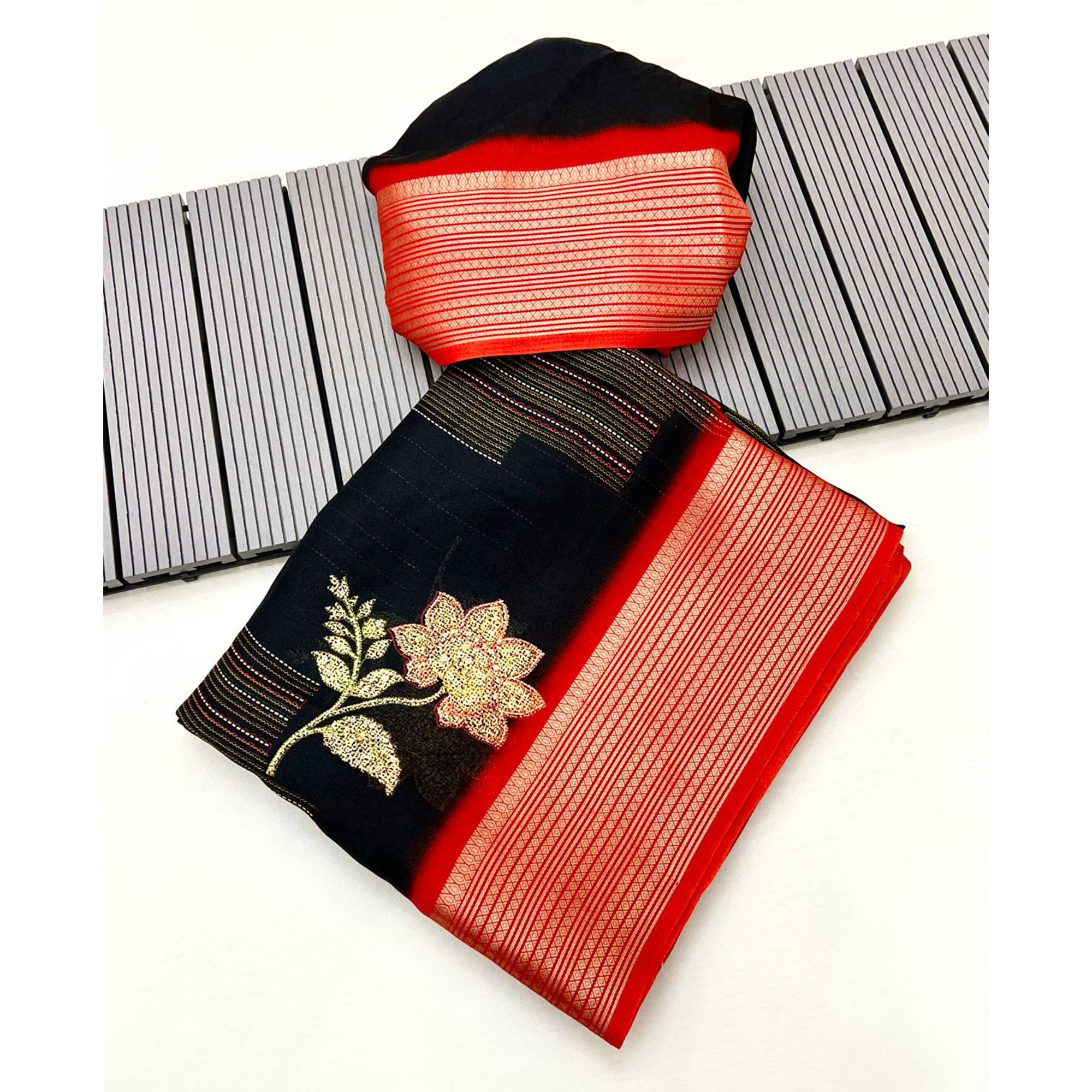 Black & Red Floral Printed Moss Georgette Saree With Woven Border