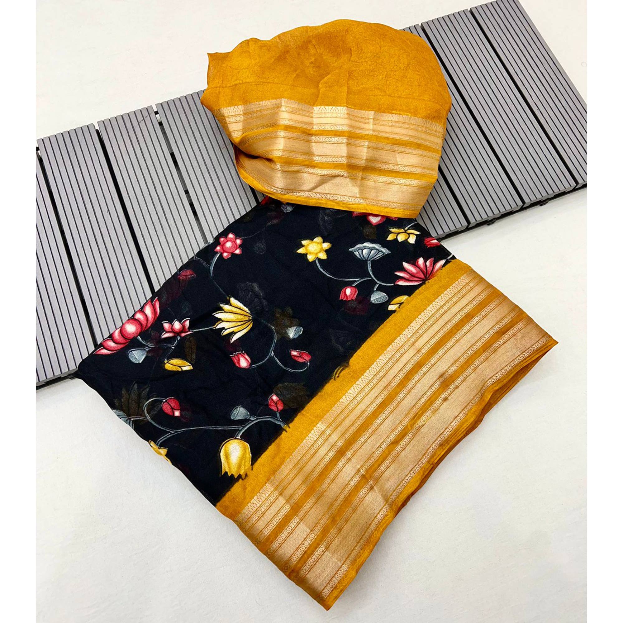 Black & Mustard Floral Printed Moss Georgette Saree With Woven Border