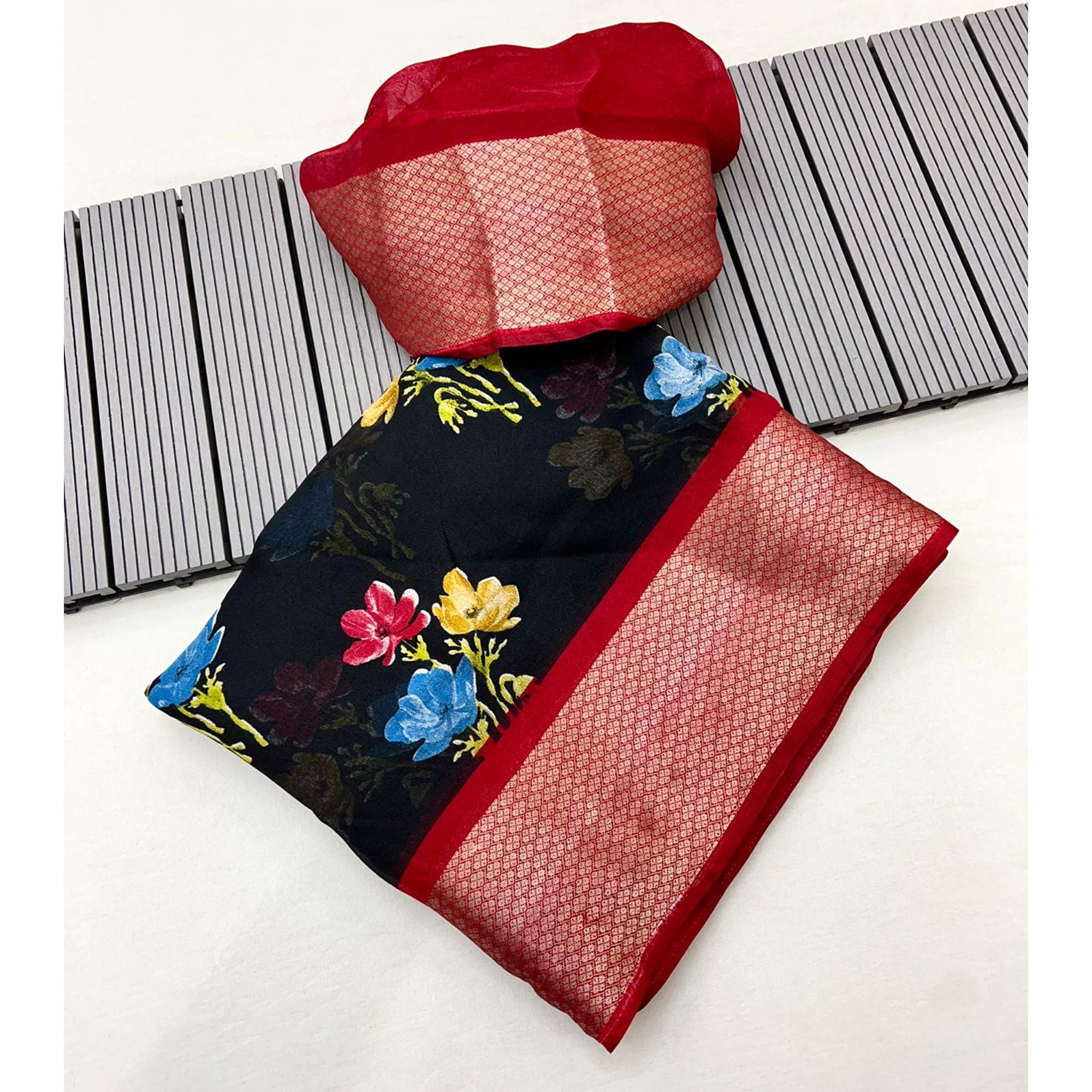 Black & Red Floral Printed Moss Georgette Saree With Woven Border