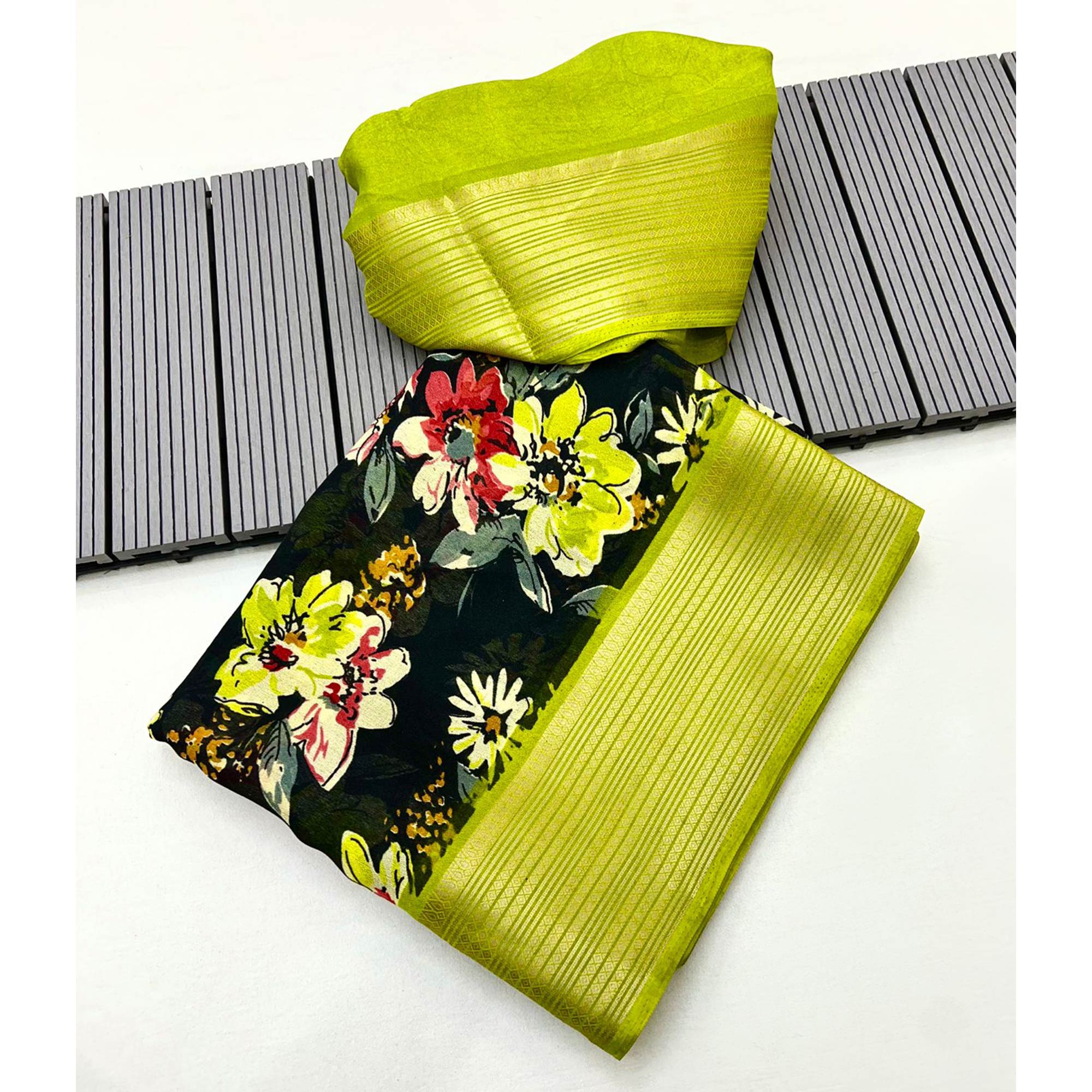 Black & Green Floral Printed Moss Georgette Saree With Woven Border