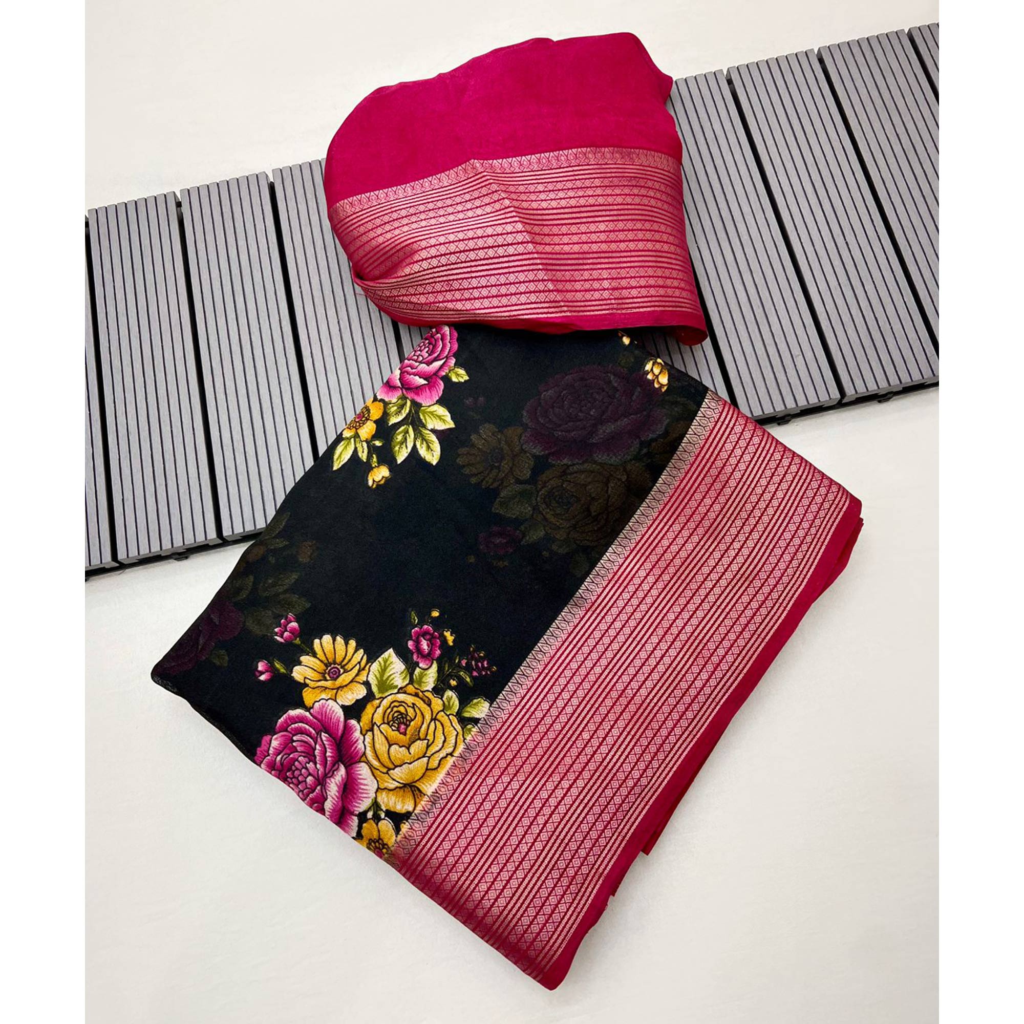 Black & Pink Floral Printed Moss Georgette Saree With Woven Border