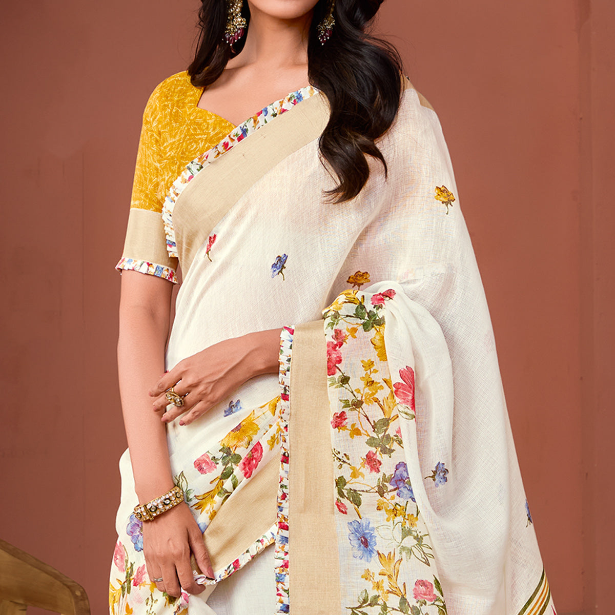 Off White Floral Printed Pure Cotton Saree
