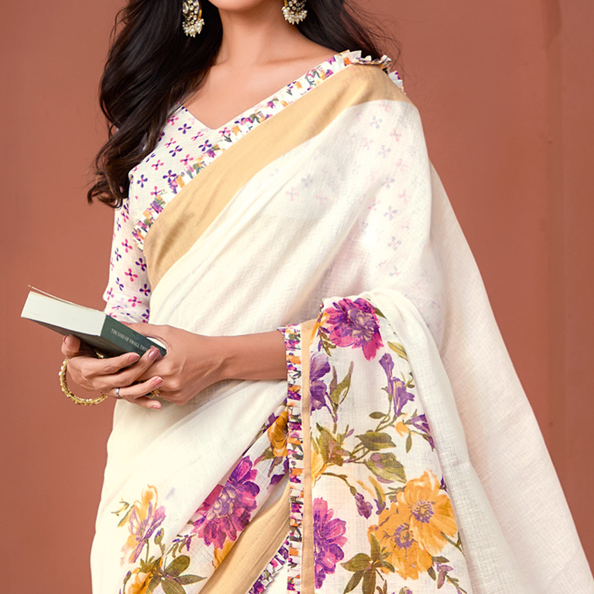 Off White Floral Printed Pure Cotton Saree
