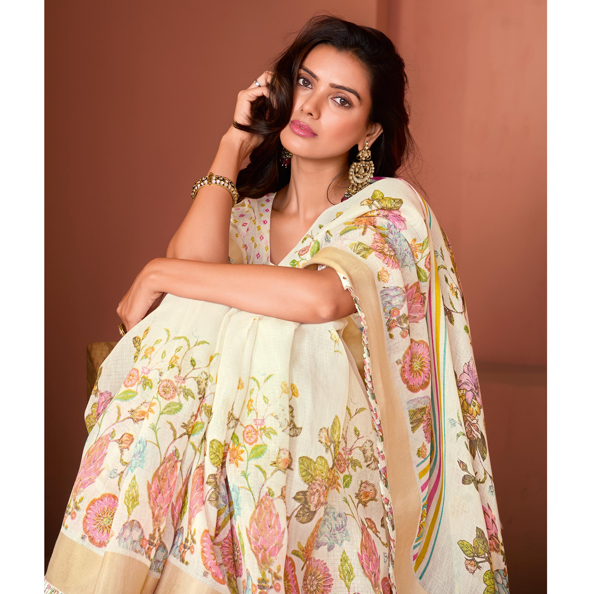 Off White Floral Printed Pure Cotton Saree