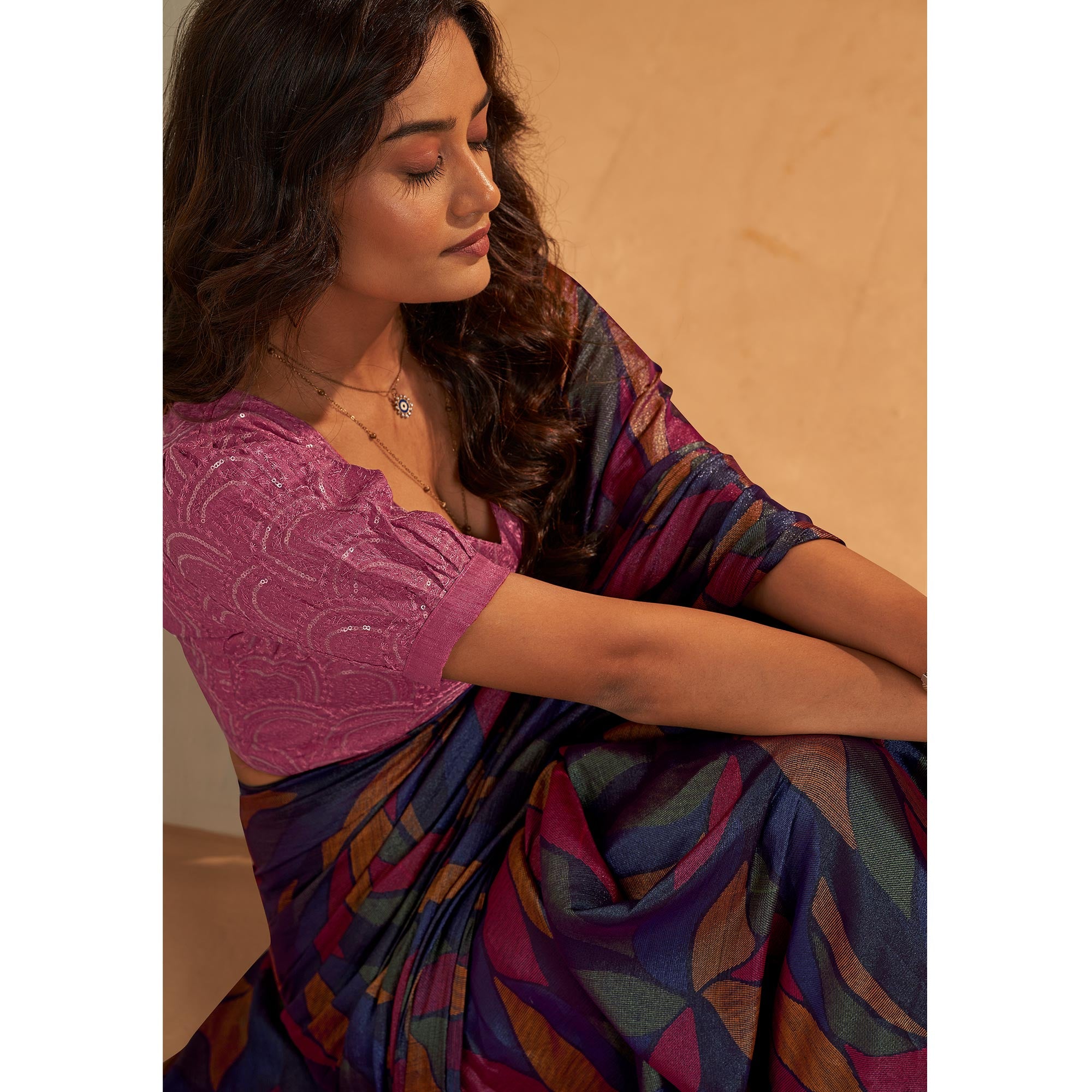Purple Printed Nylon Saree With Tassels