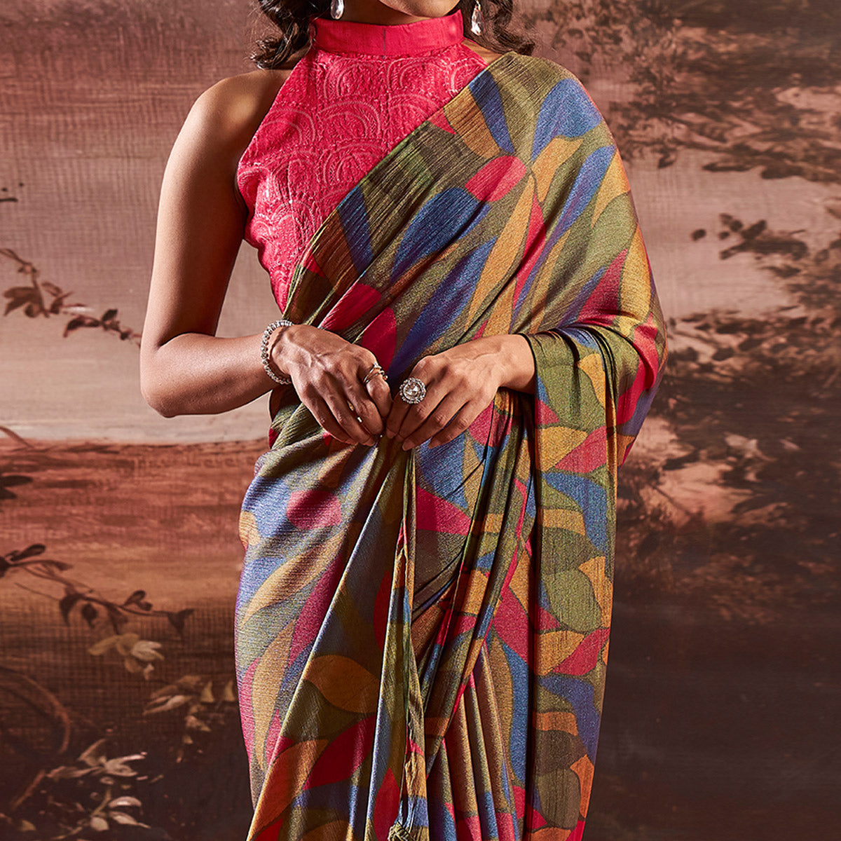 Olive Green Printed Nylon Saree With Tassels
