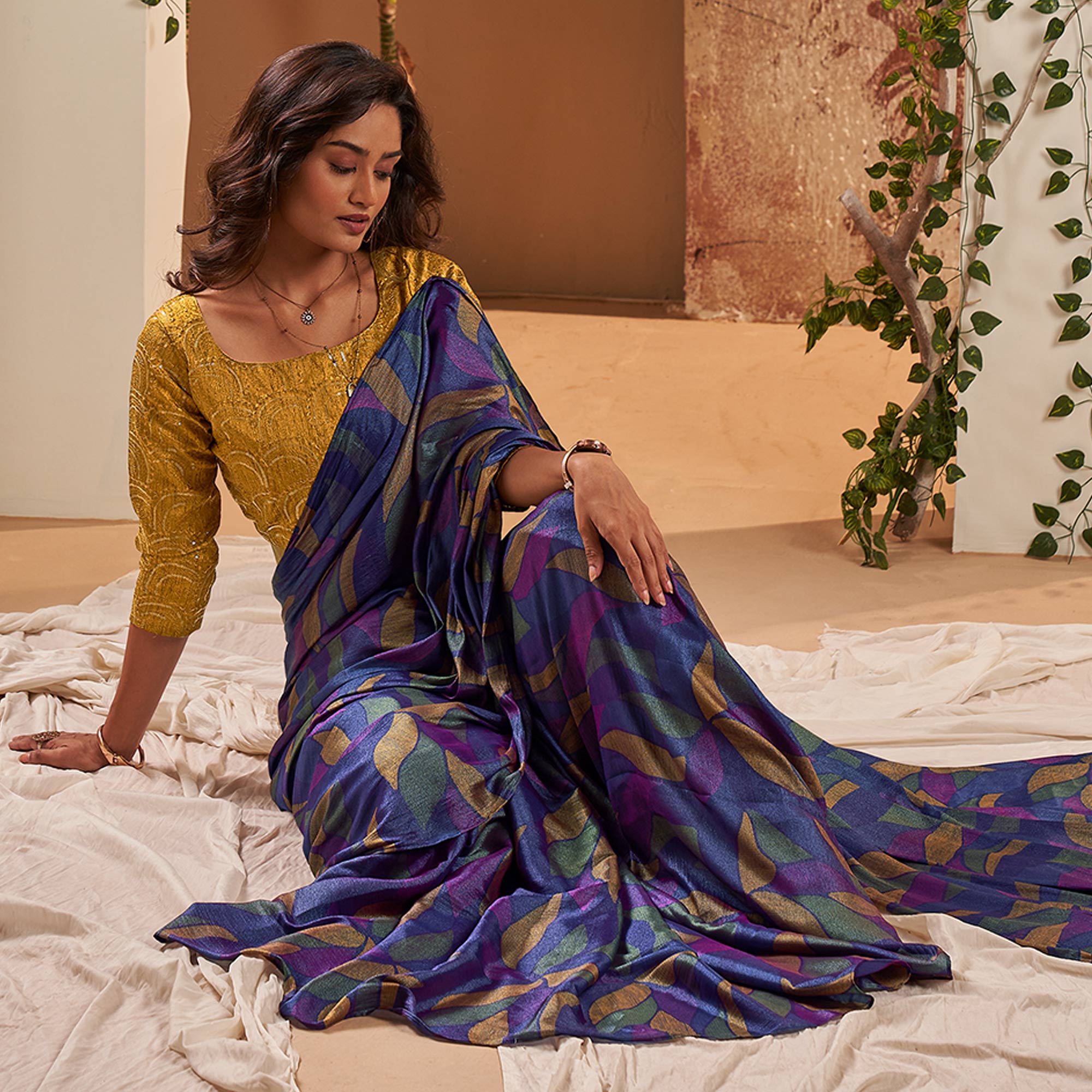 Navy Blue Printed Nylon Saree With Tassels