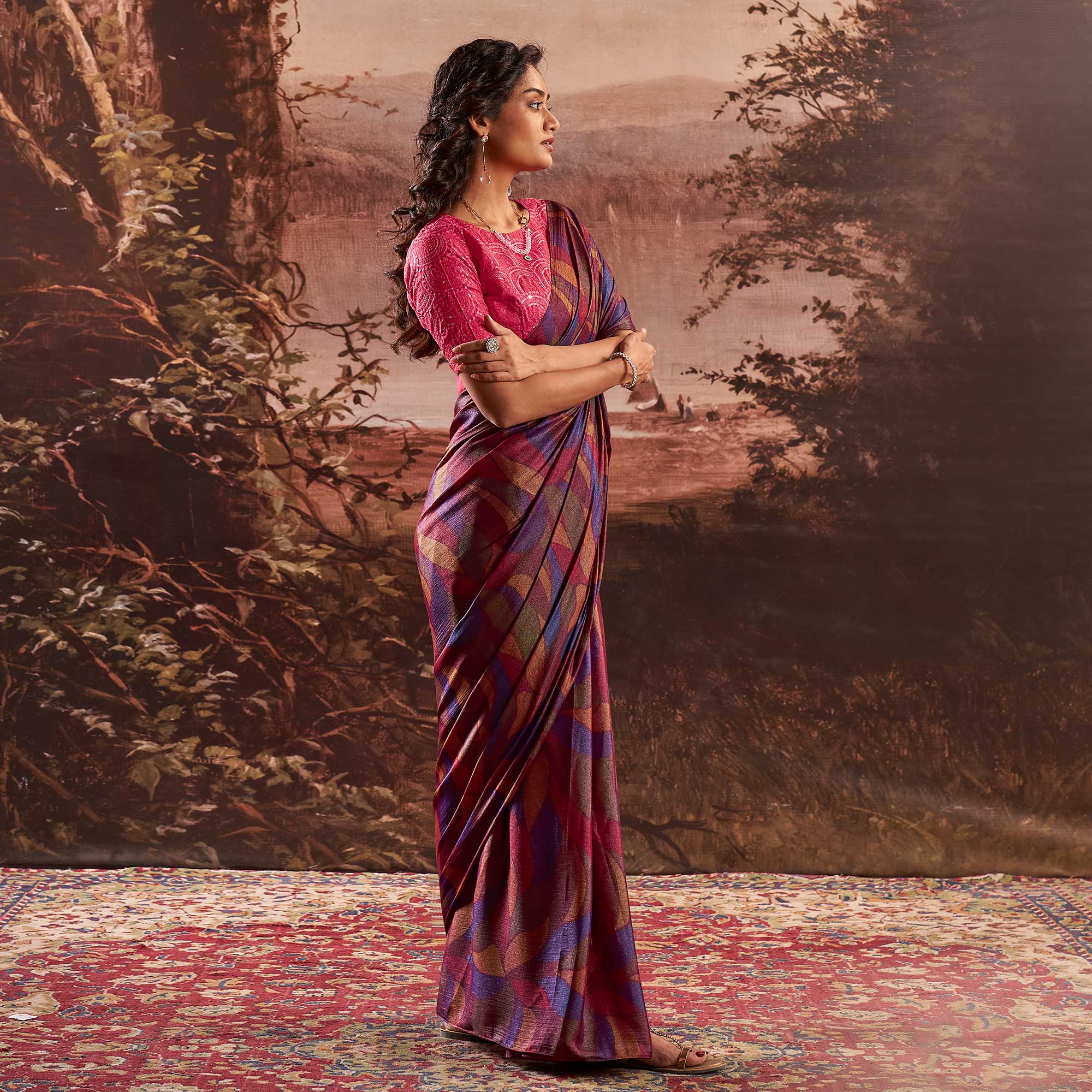 Purple Printed Nylon Saree With Tassels