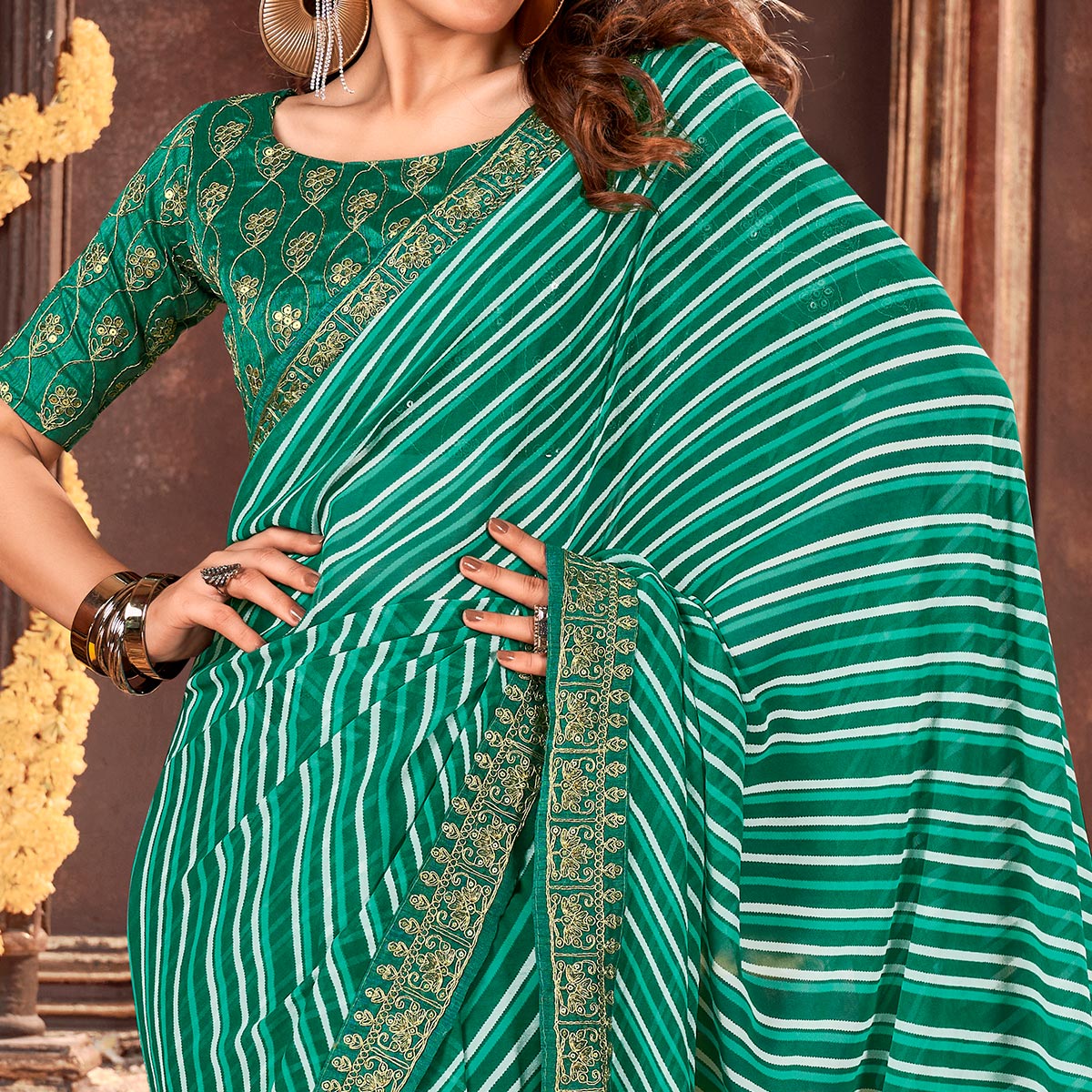 Sea Green Striped Printed Georgette Saree
