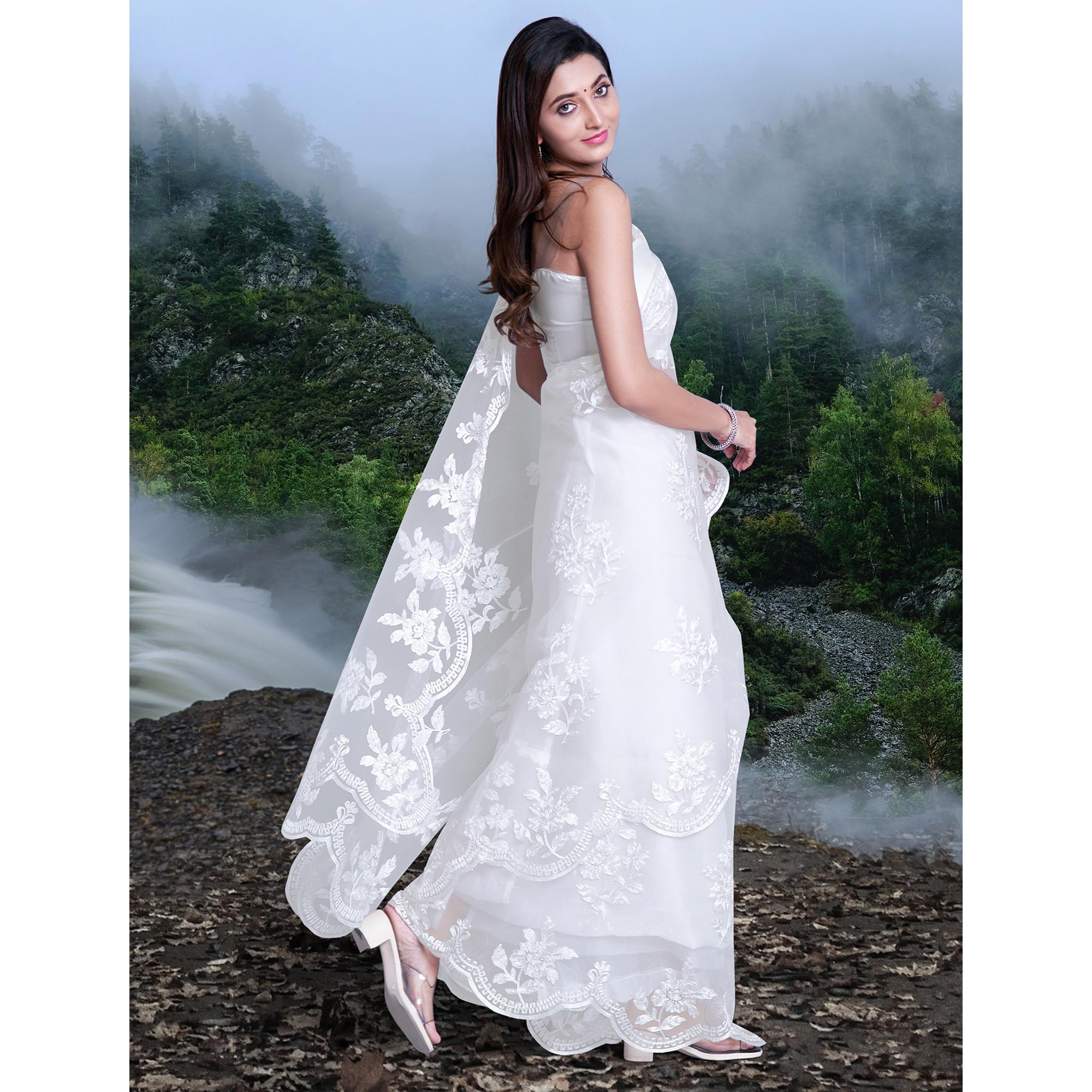 White Floral Embroidered Net Saree